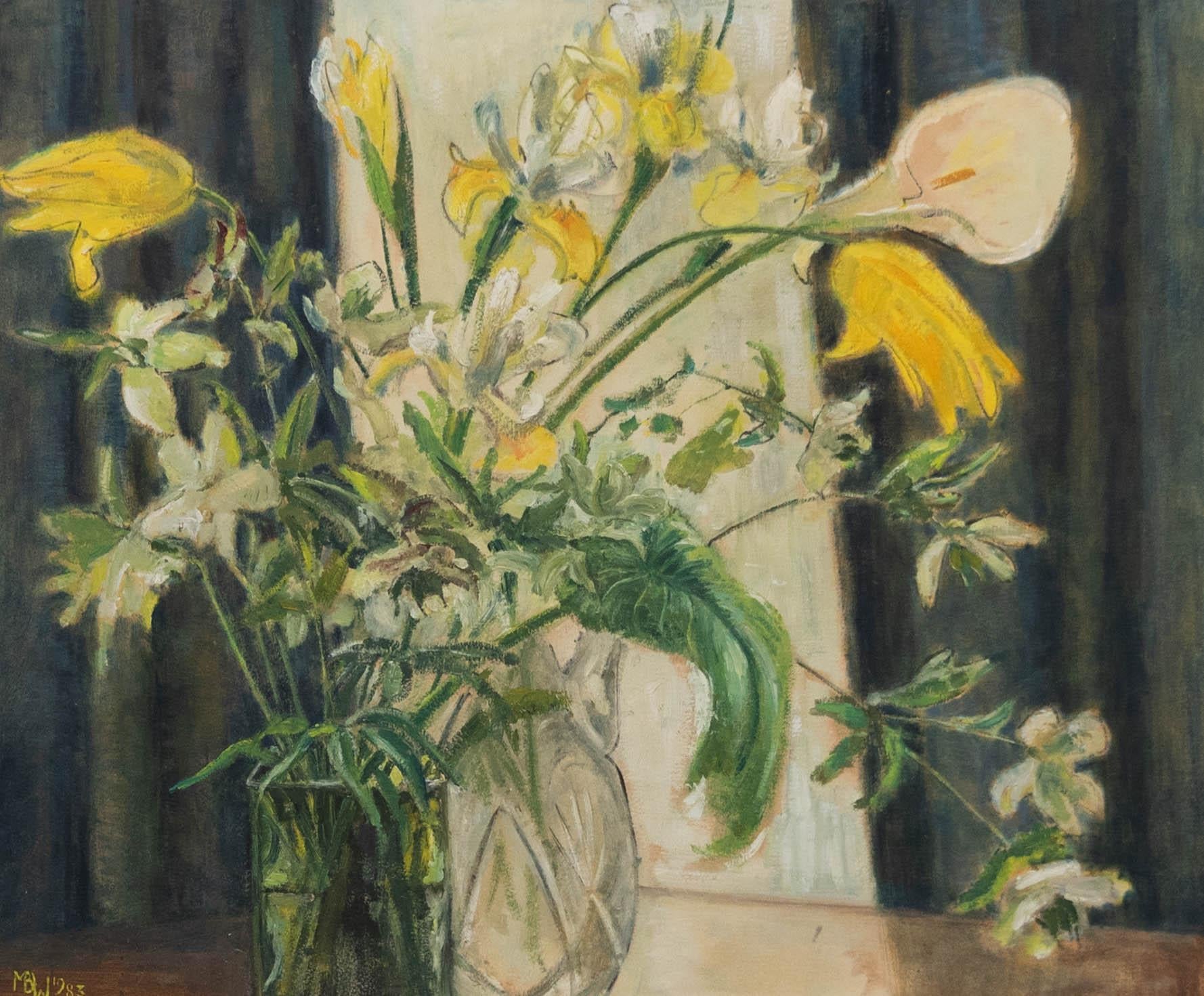 1983 Oil - Lilies and Tulips - Painting by Unknown