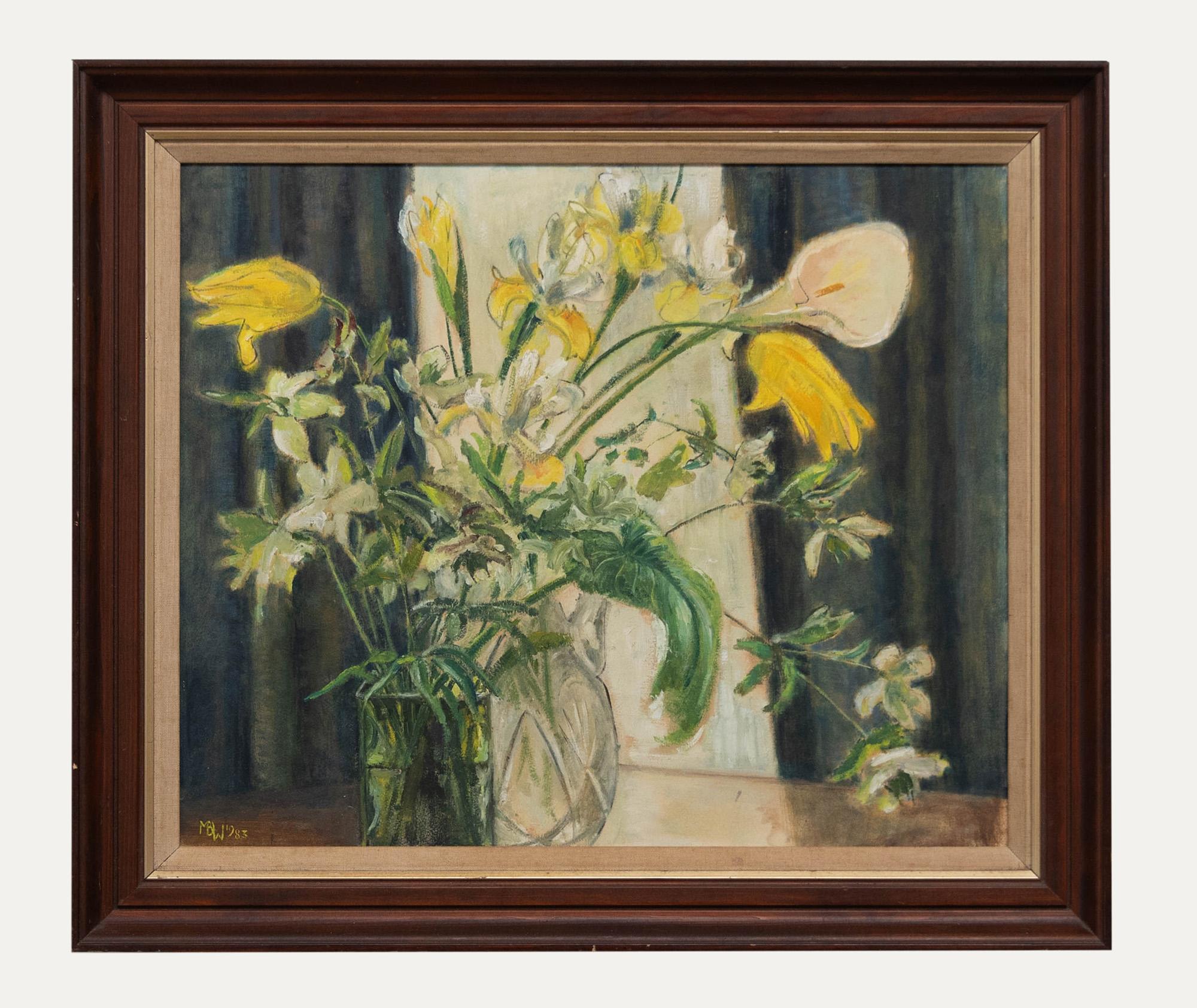 Unknown Still-Life Painting - 1983 Oil - Lilies and Tulips