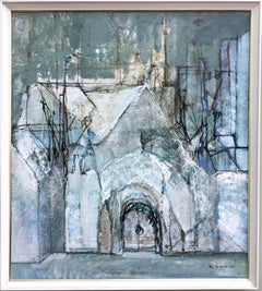 1983 Vintage Framed Swedish Abstract Architecture Oil Painting - Church