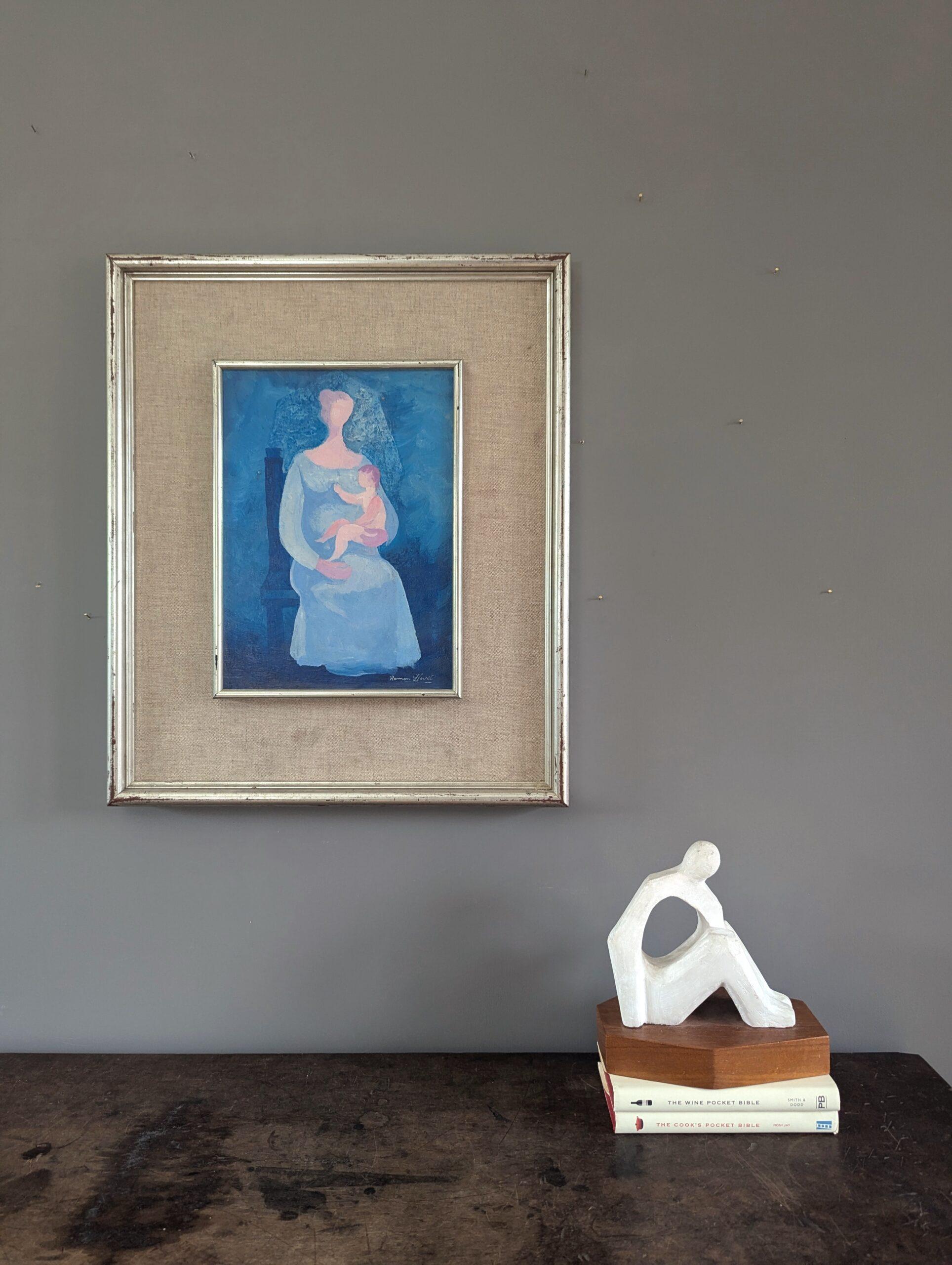 1983 Vintage Modern Figurative Mother & Child Oil Painting - Embrace in Blue - Figurative Painting Grigio di Unknown
