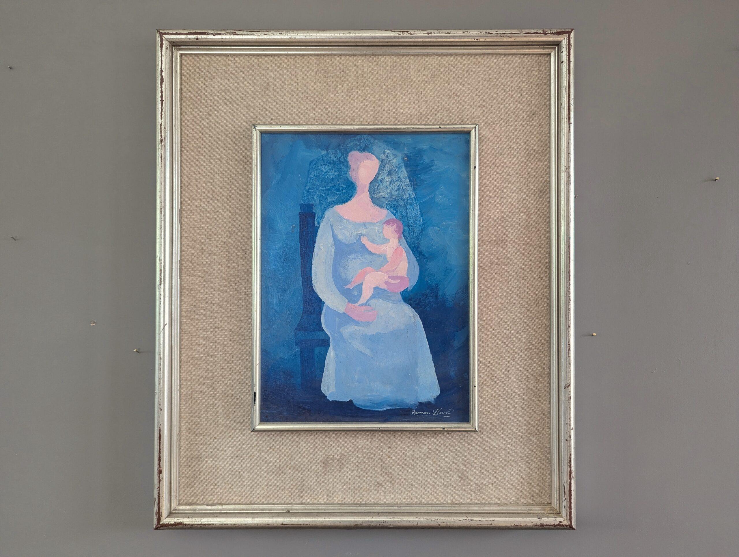 ABBRACCIO IN BLU
Dimensioni: 56,5 x 47,5 cm (cornice inclusa)
Olio su tavola

Una composizione figurativa emotiva e serena della metà del secolo scorso, realizzata con olio su tavola e datata 1983 sul retro.

Il dipinto cattura un momento struggente