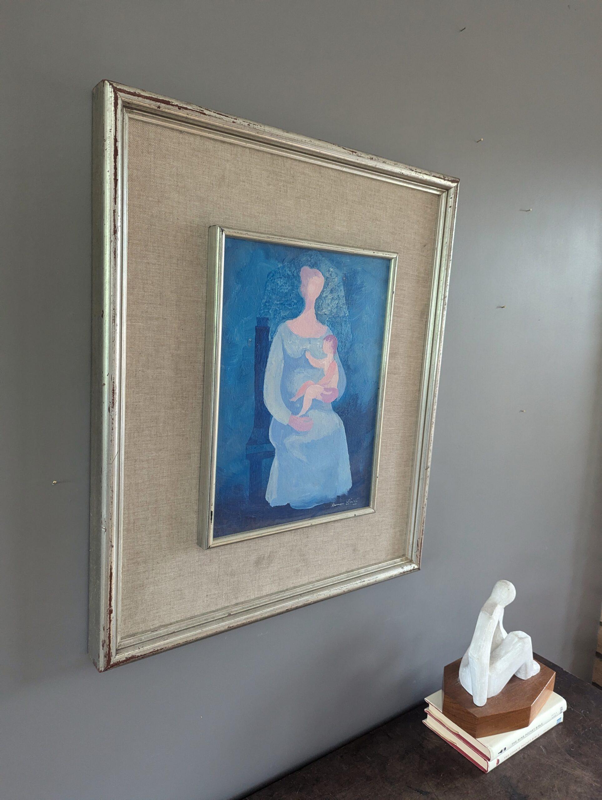 1983 Vintage Modern Figurative Mother & Child Oil Painting - Embrace in Blue in vendita 1