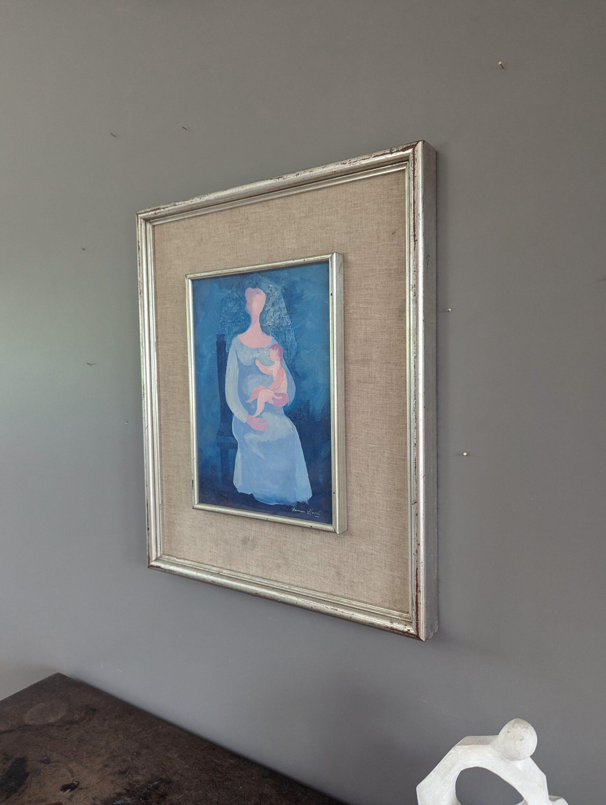 1983 Vintage Modern Figurative Mother & Child Oil Painting - Embrace in Blue in vendita 2