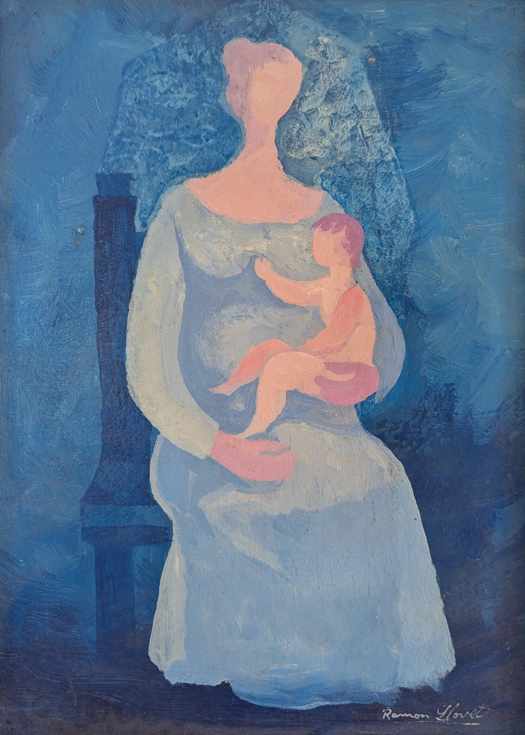 1983 Vintage Modern Figurative Mother & Child Oil Painting - Embrace in Blue in vendita 3