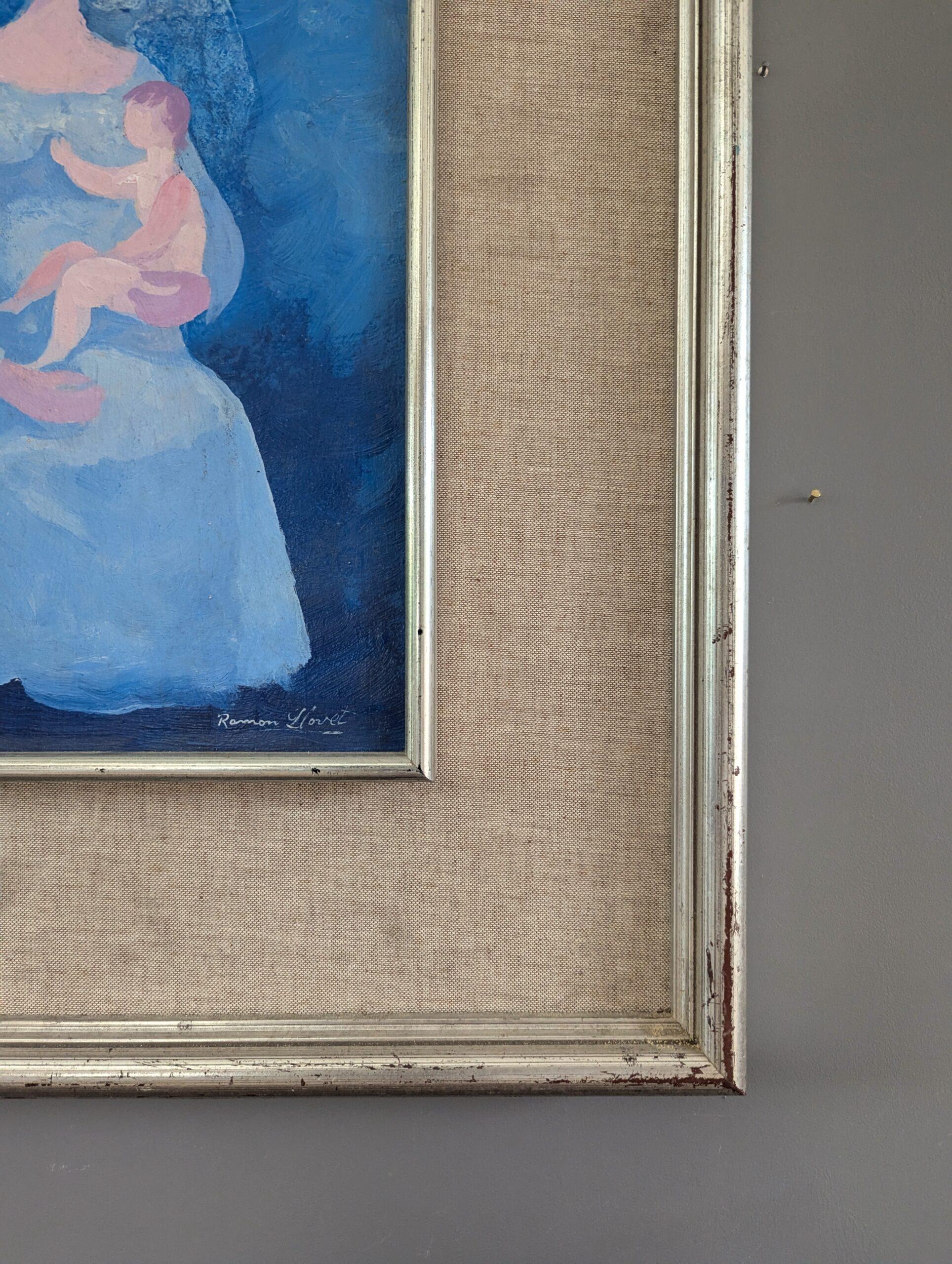 1983 Vintage Modern Figurative Mother & Child Oil Painting - Embrace in Blue in vendita 4