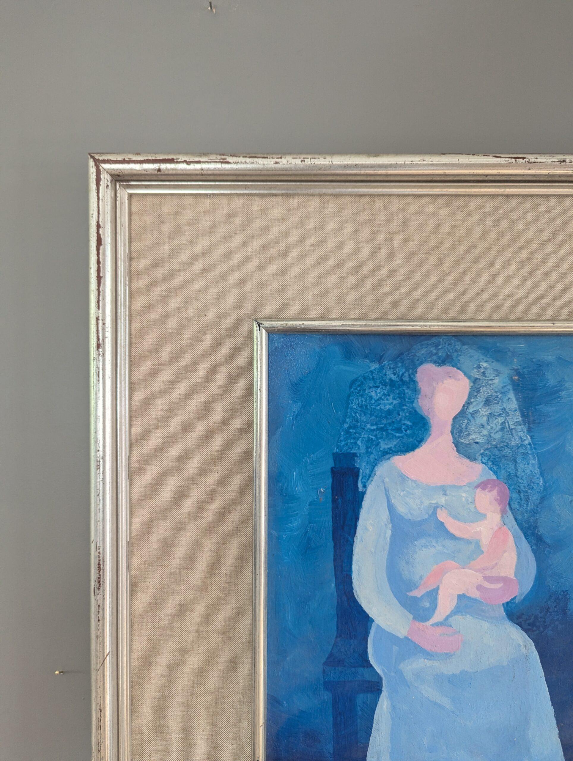 1983 Vintage Modern Figurative Mother & Child Oil Painting - Embrace in Blue in vendita 5