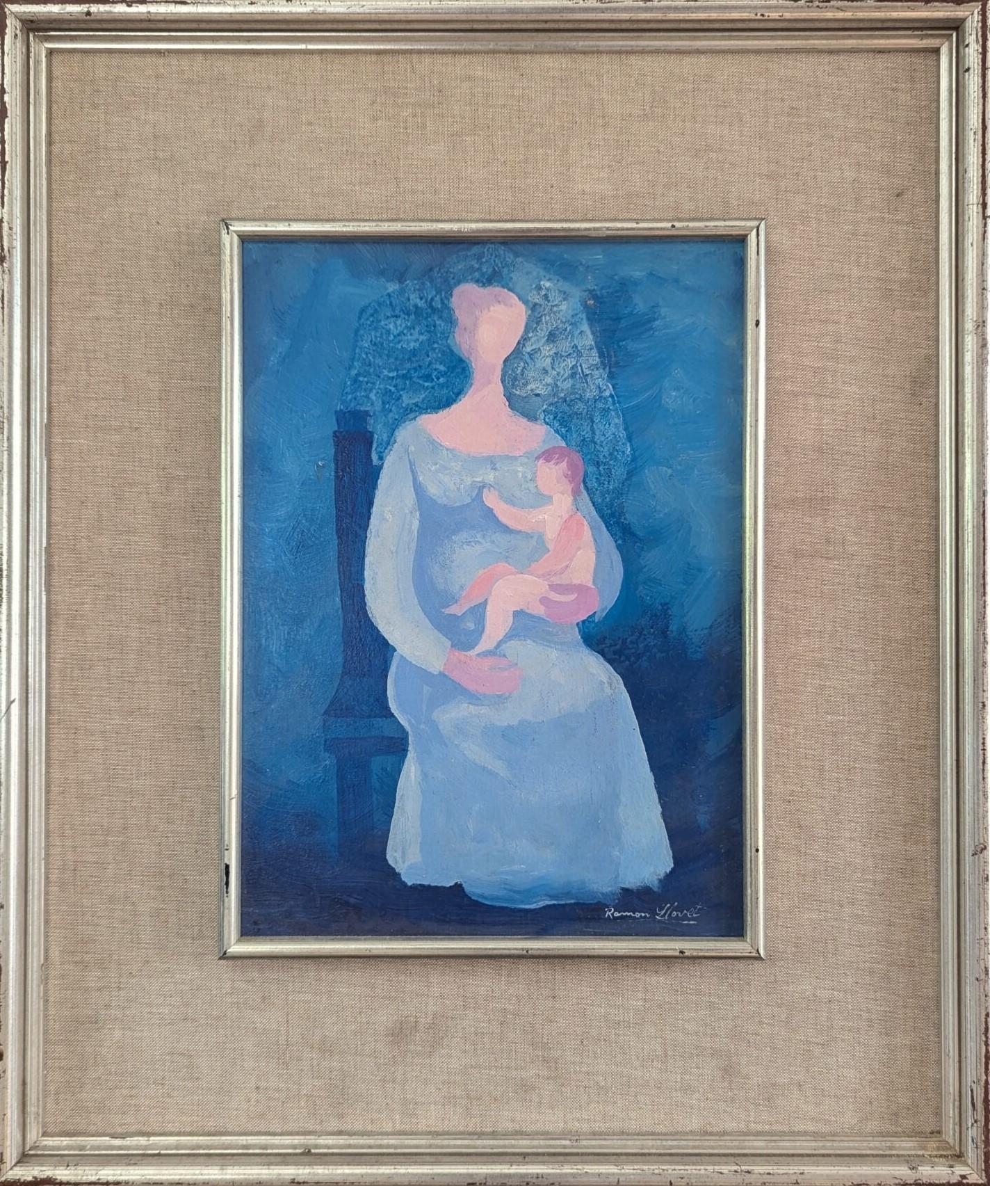 Figurative Painting di Unknown - 1983 Vintage Modern Figurative Mother & Child Oil Painting - Embrace in Blue