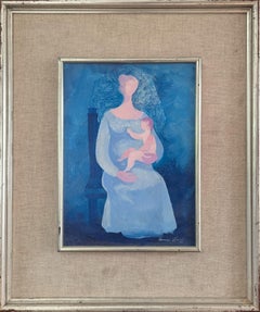 1983 Vintage Modern Figurative Mother & Child Pintura al óleo - Abrazo en azul