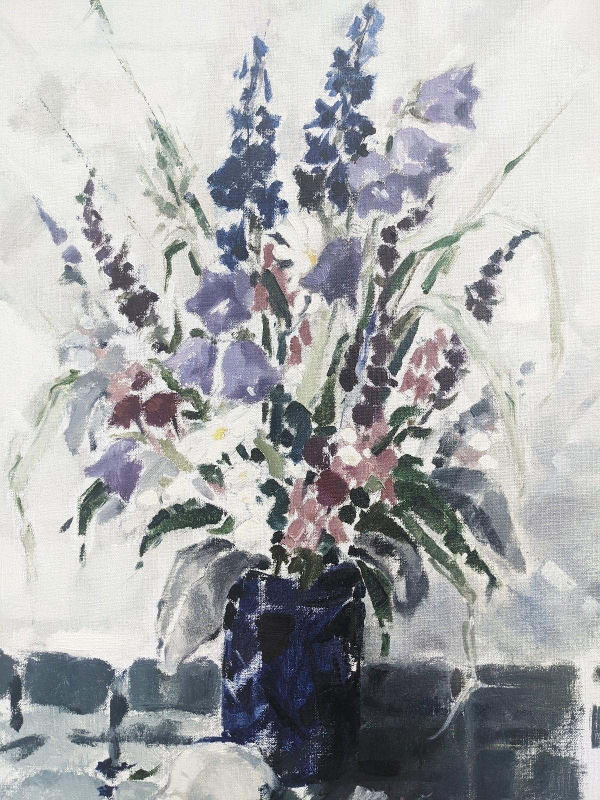 Flowers & Shell
Size: 66.5 x 48.5 cm (including frame)
Oil on canvas

A tall floral composition in oil, painted in 1983.

A delightful bunch of purple, pink, dark red and white flowers sit within a striking azure blue vase, with a white shell lying