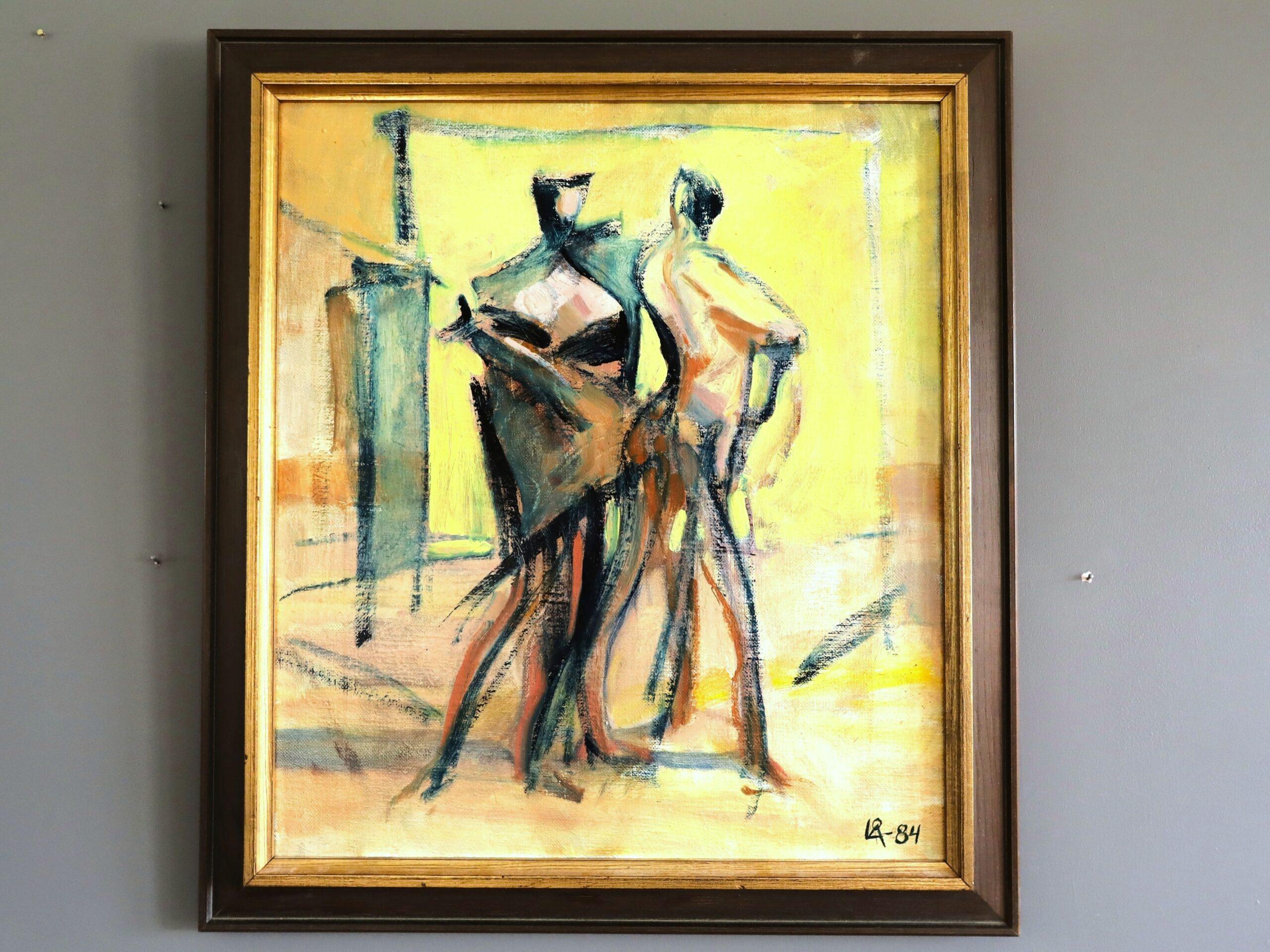 1984 Modernist Vintage Swedish Abstract Figurative Oil Painting- Figures in Flux - Beige Abstract Painting by Unknown