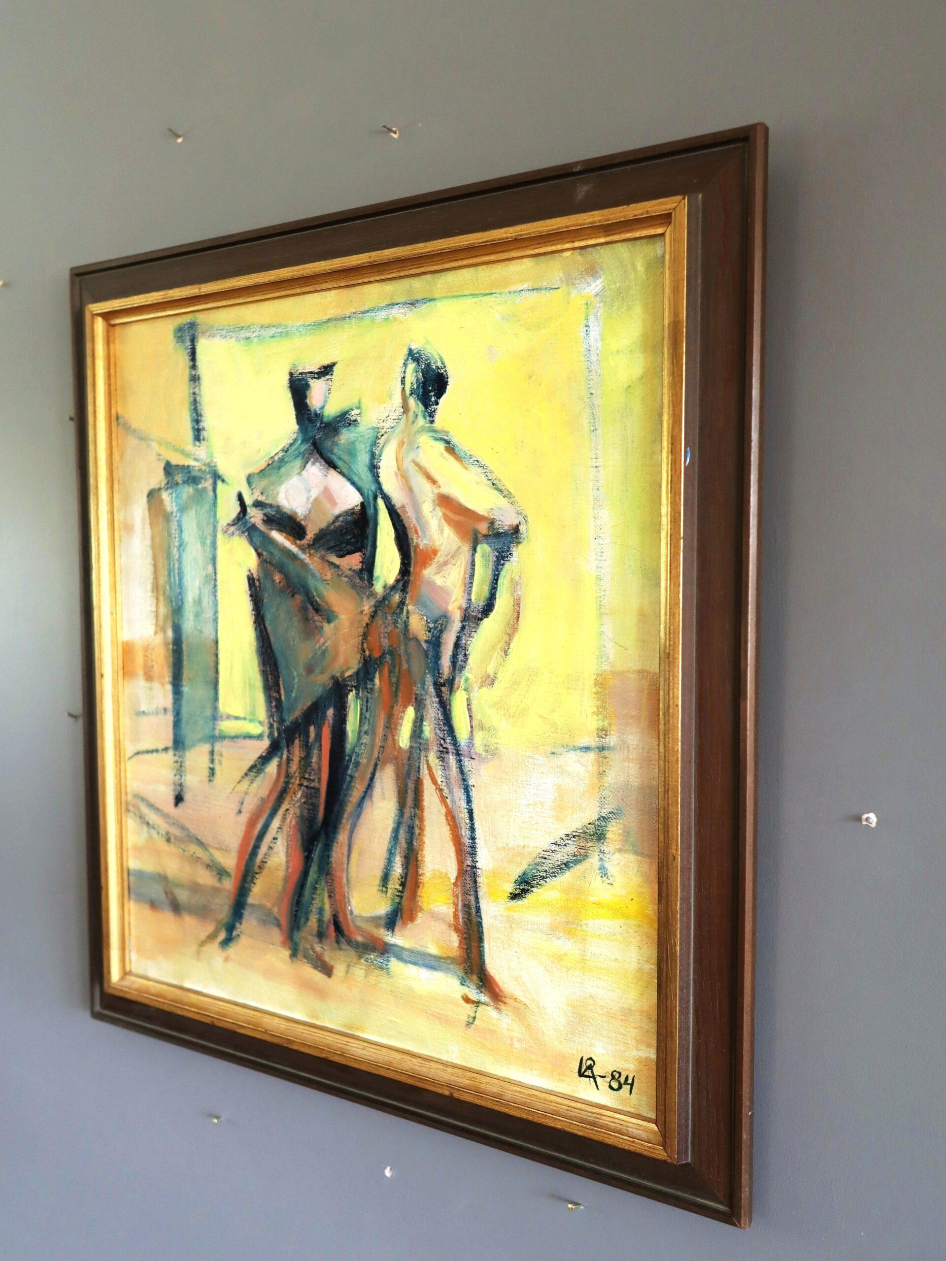1984 Modernist Vintage Swedish Abstract Figurative Oil Painting- Figures in Flux 1