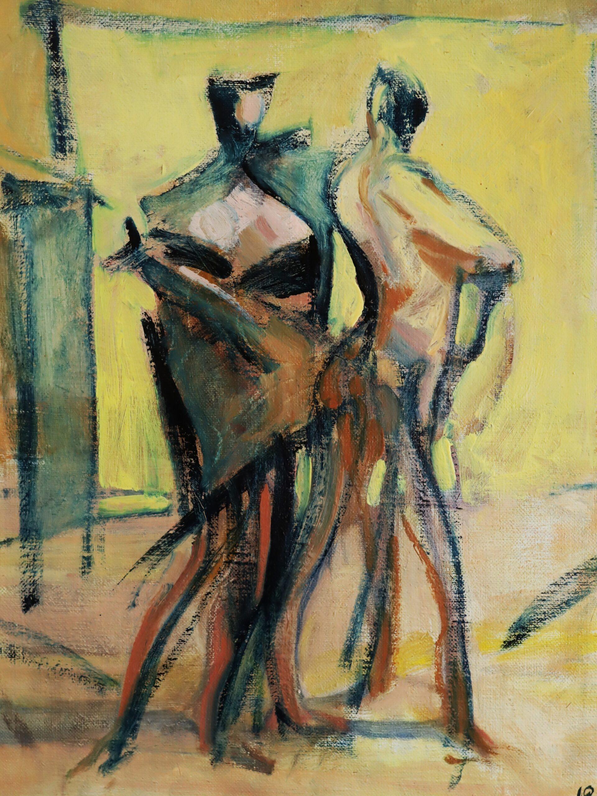 1984 Modernist Vintage Swedish Abstract Figurative Oil Painting- Figures in Flux 4