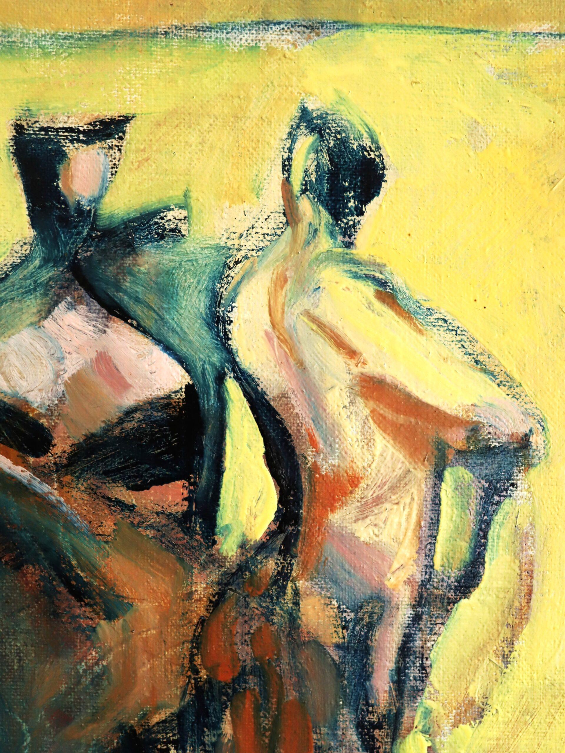 1984 Modernist Vintage Swedish Abstract Figurative Oil Painting- Figures in Flux 5