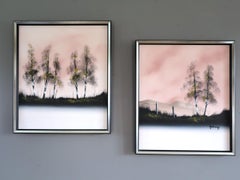 1985 Modernist Minimalist Landscape Oil Painting - Blush Horizon (Set of 2)