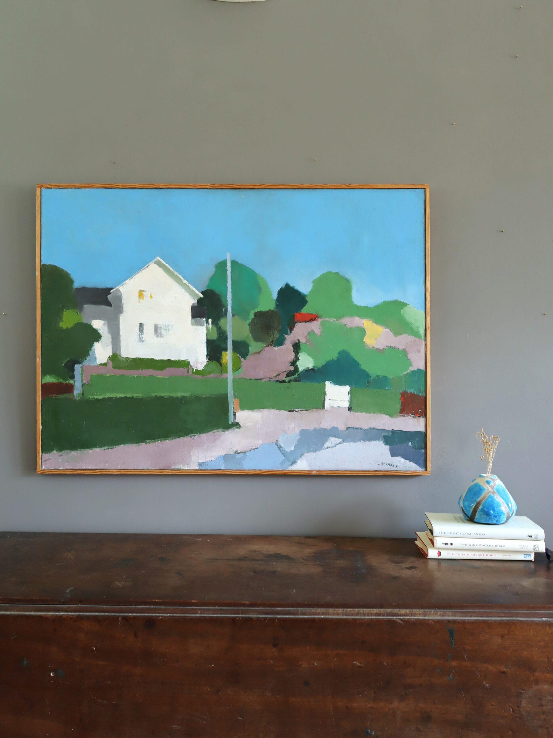 HOUSE ON THE HILL
Size: 61 x 83 cm (including frame)
Oil on canvas

A large and lively landscape painting that depicts a quiet suburban scene dominated by a white house set against lush greenery and an expansive blue sky, executed in oil onto canvas