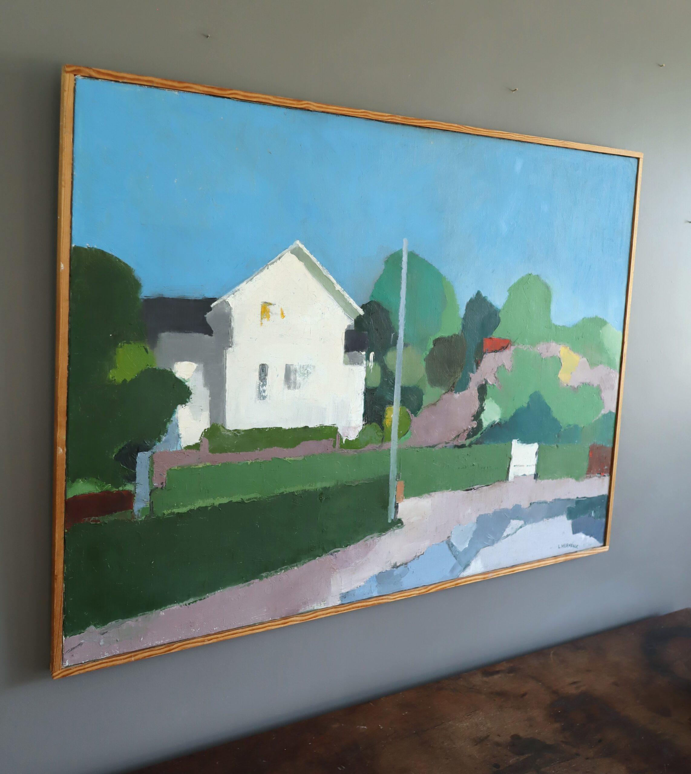 1985 Modernist Swedish Original Landscape Oil Painting - House on the Hill im Angebot 1