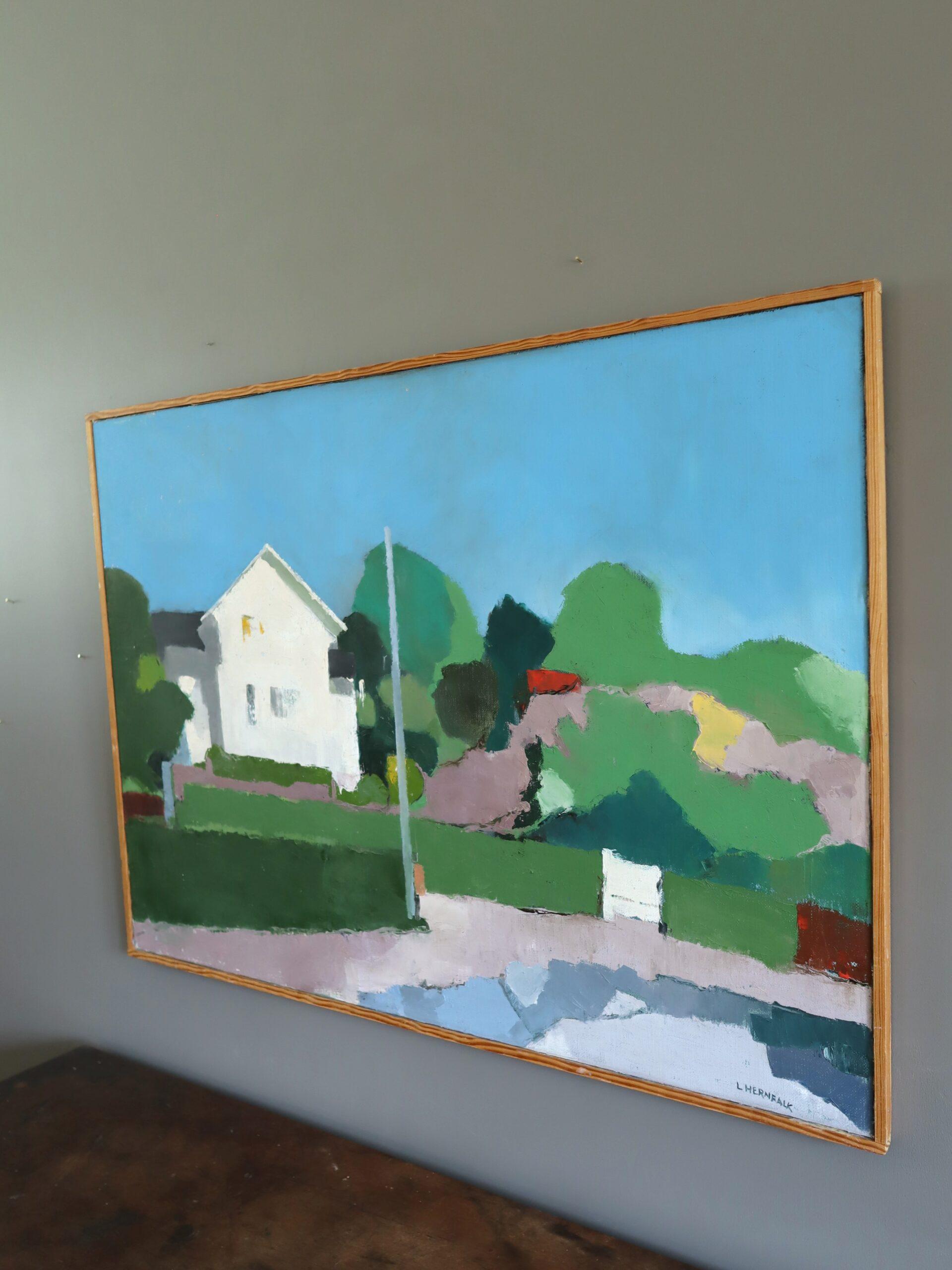 1985 Modernist Swedish Original Landscape Oil Painting - House on the Hill im Angebot 2