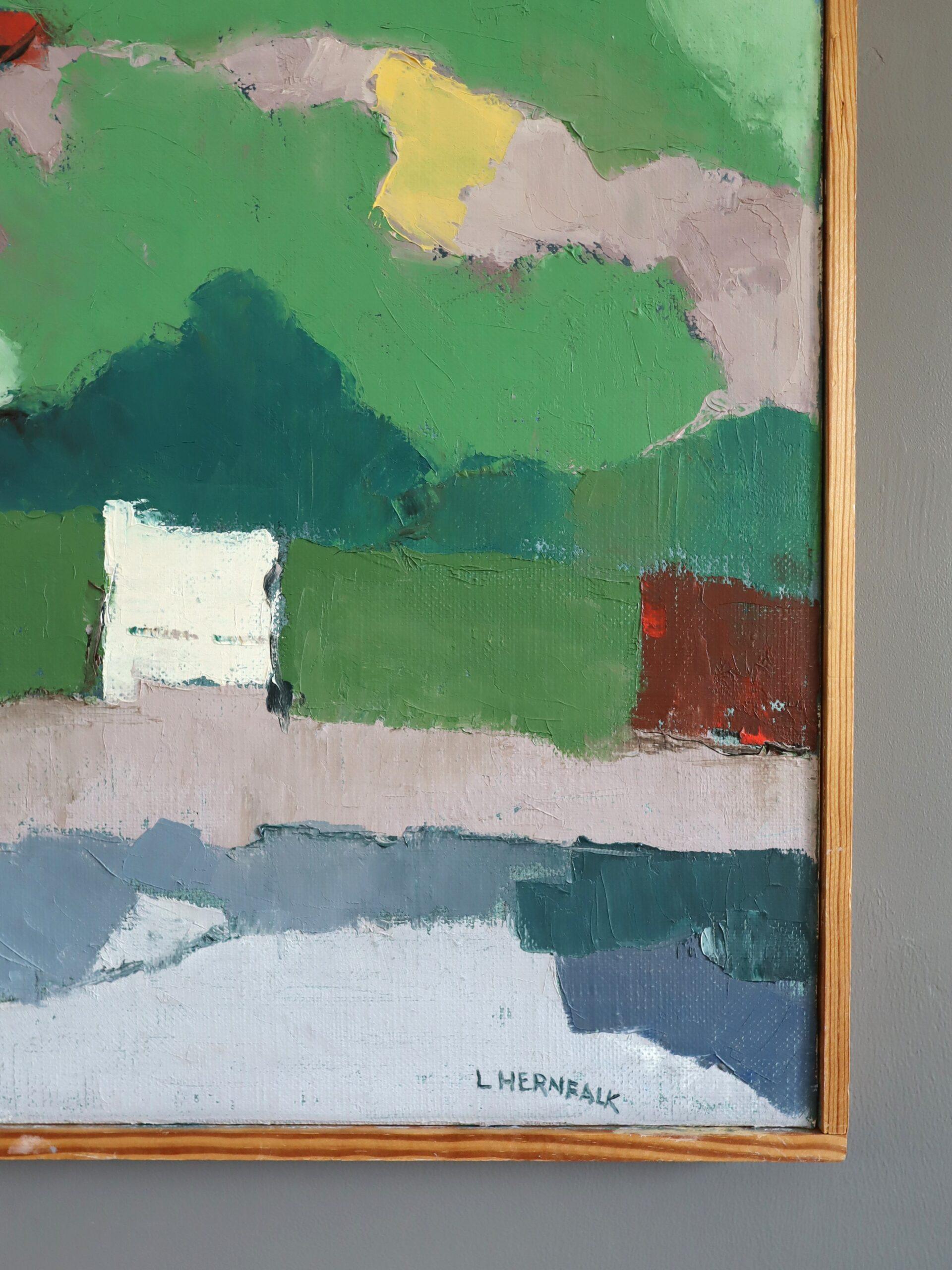 1985 Modernist Swedish Original Landscape Oil Painting - House on the Hill im Angebot 4