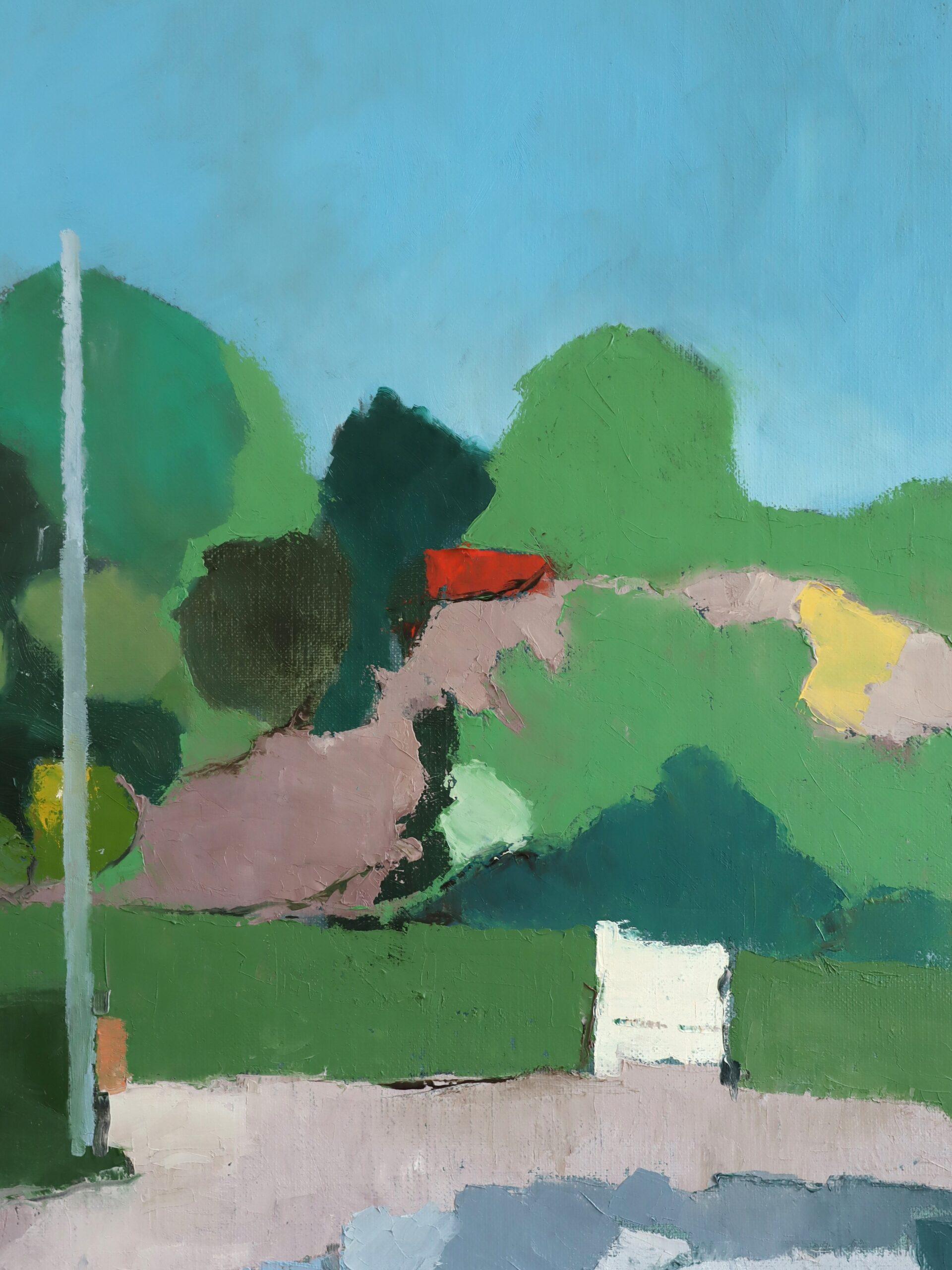1985 Modernist Swedish Original Landscape Oil Painting - House on the Hill im Angebot 6