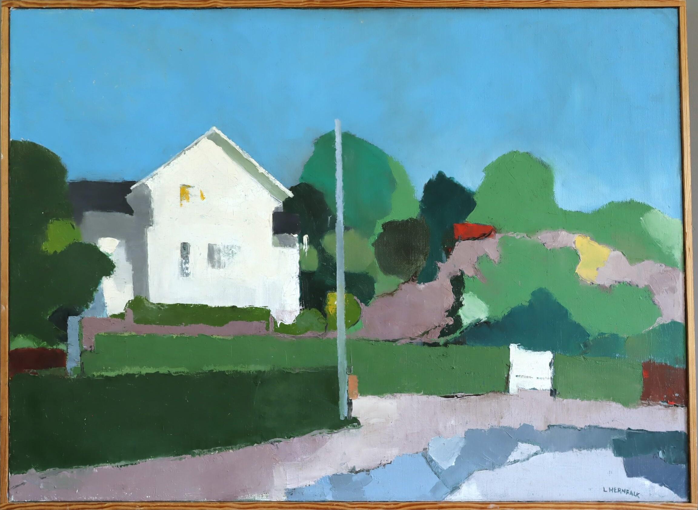 1985 Modernist Swedish Original Landscape Oil Painting - House on the Hill