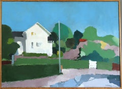 1985 Modernist Swedish Original Landscape Oil Painting - House on the Hill