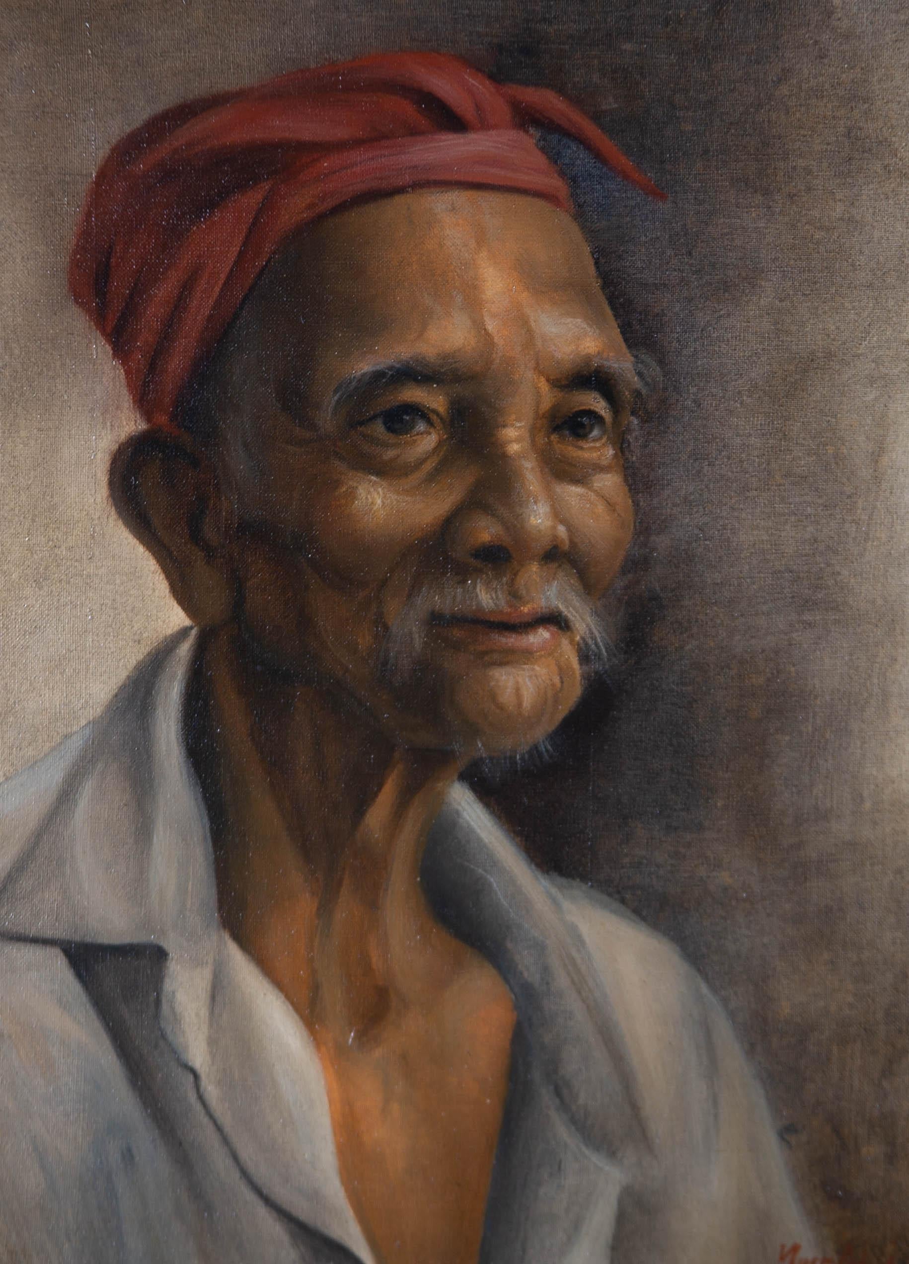 1985 Oil - Old Village Chief - Brown Portrait Painting by Unknown