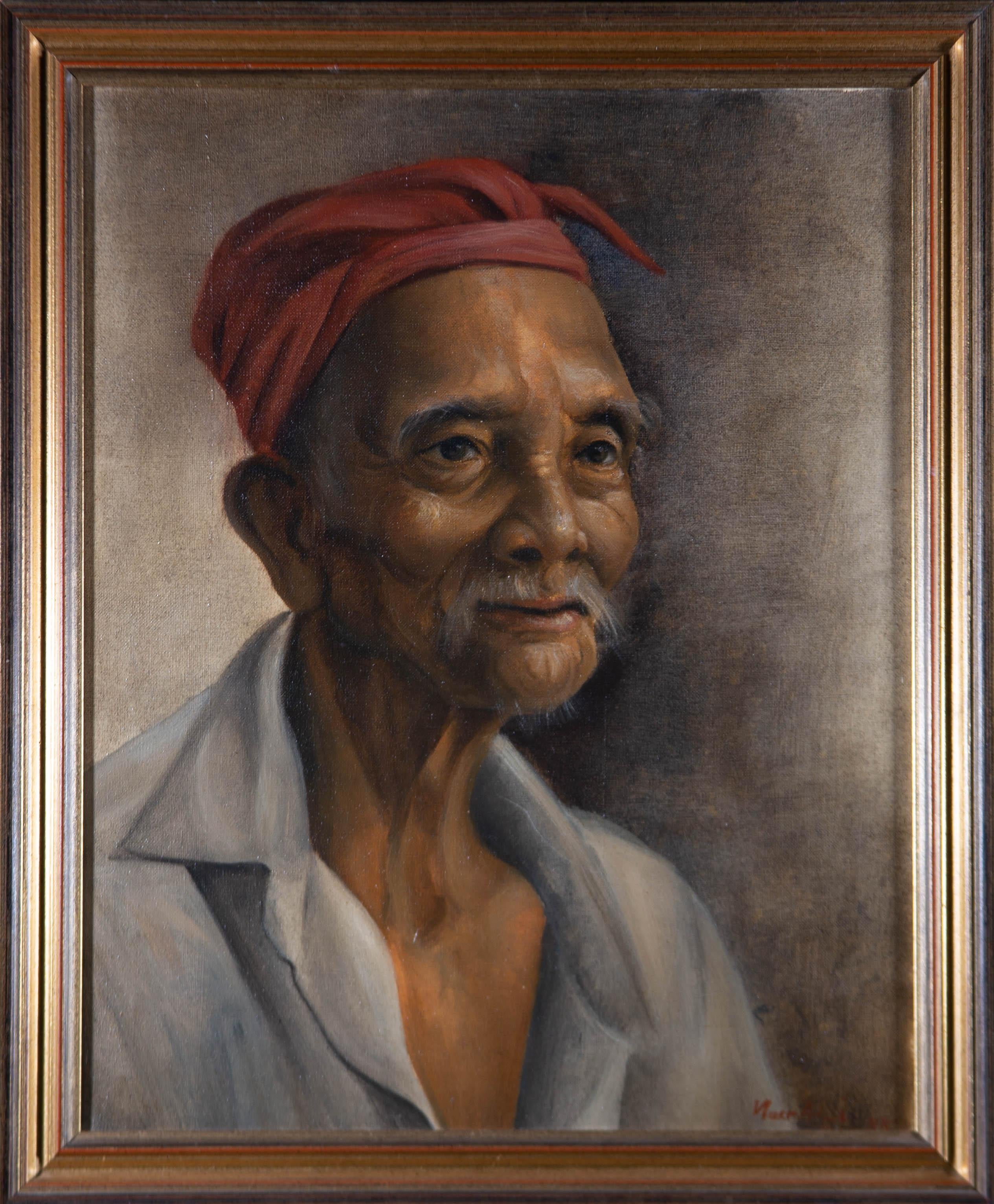 Unknown Portrait Painting - 1985 Oil - Old Village Chief