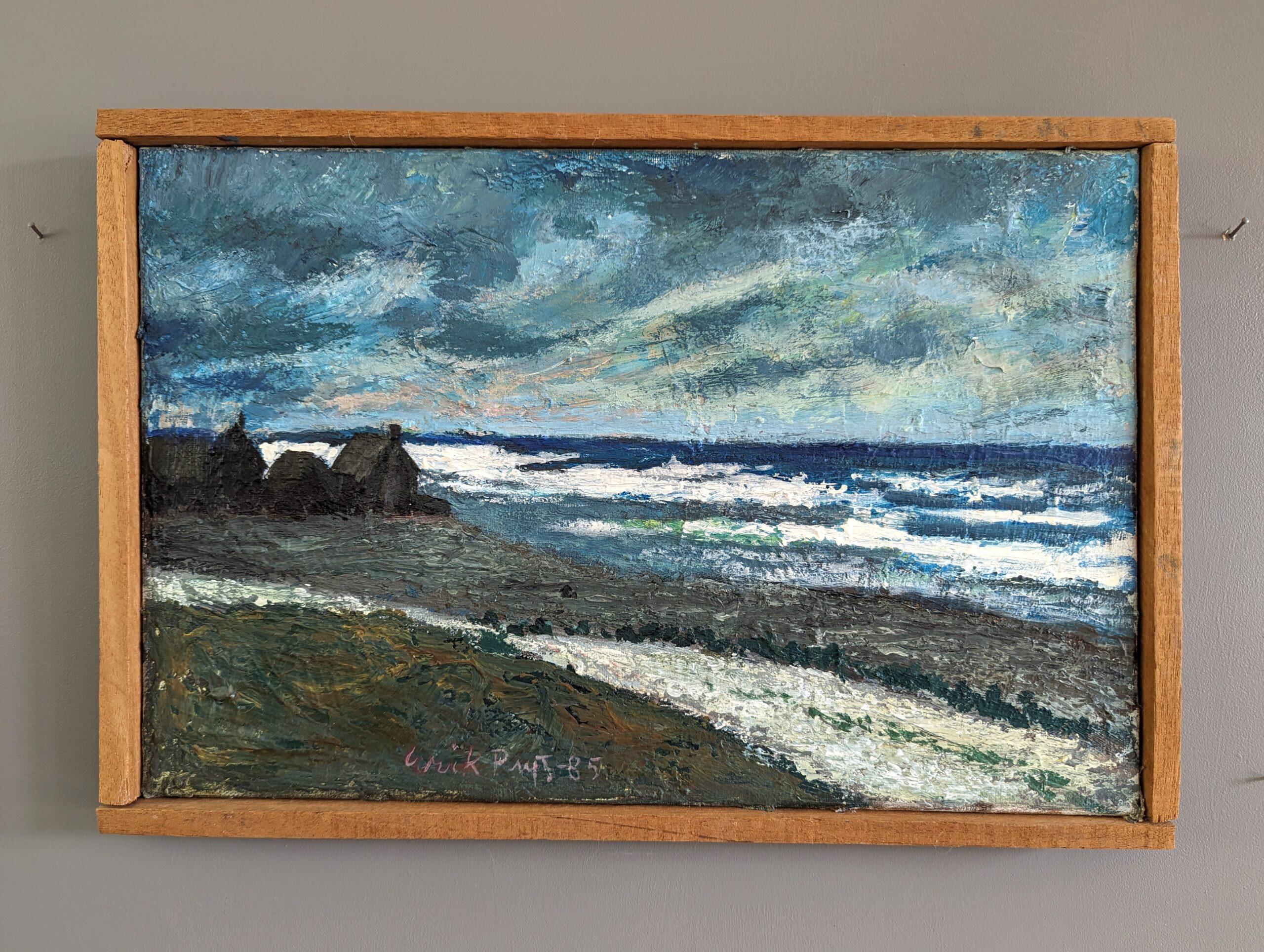 DRAMATIC COAST
Size: 30 x 44 cm (including frame)
Oil on Canvas

A richly textured and coloured modernist seascape in oil, painted onto canvas and dated 1985.

The artist has very effectively captured the dramatic nature of the coastline – from the
