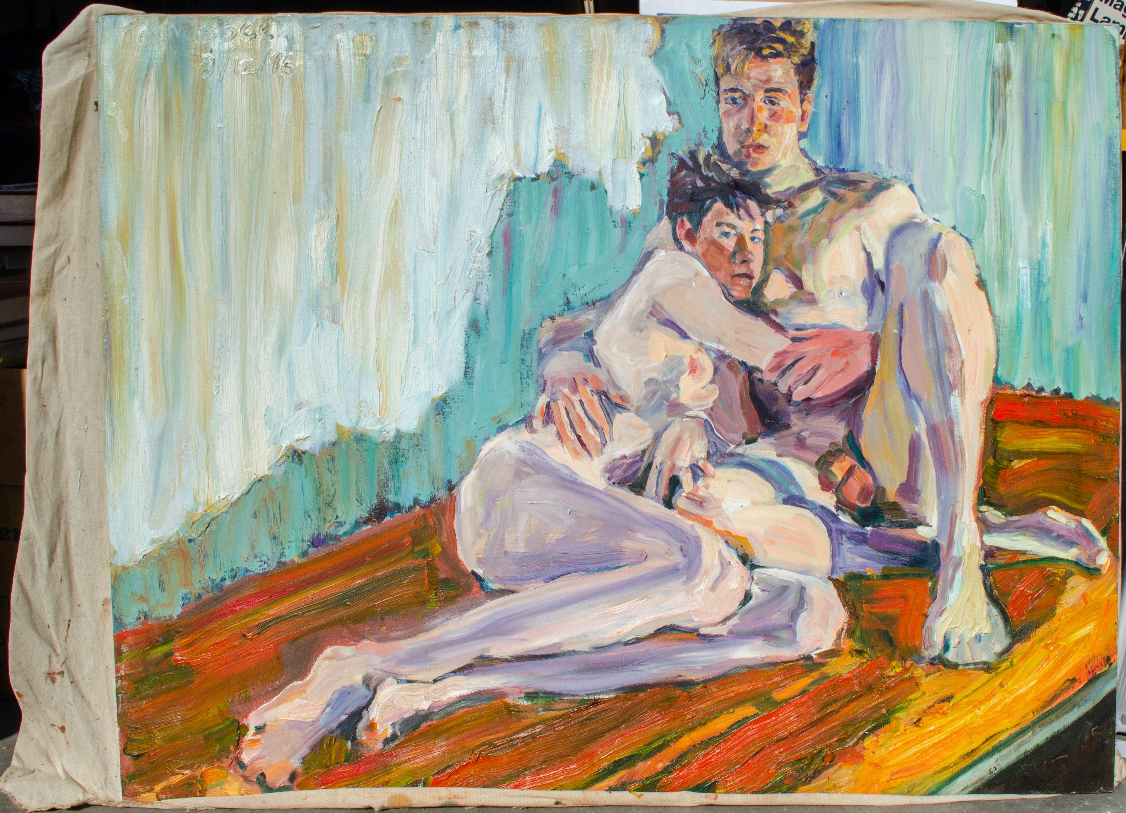 1986 Intimate Couple Portrait by Mystery Artist - Painting by Unknown