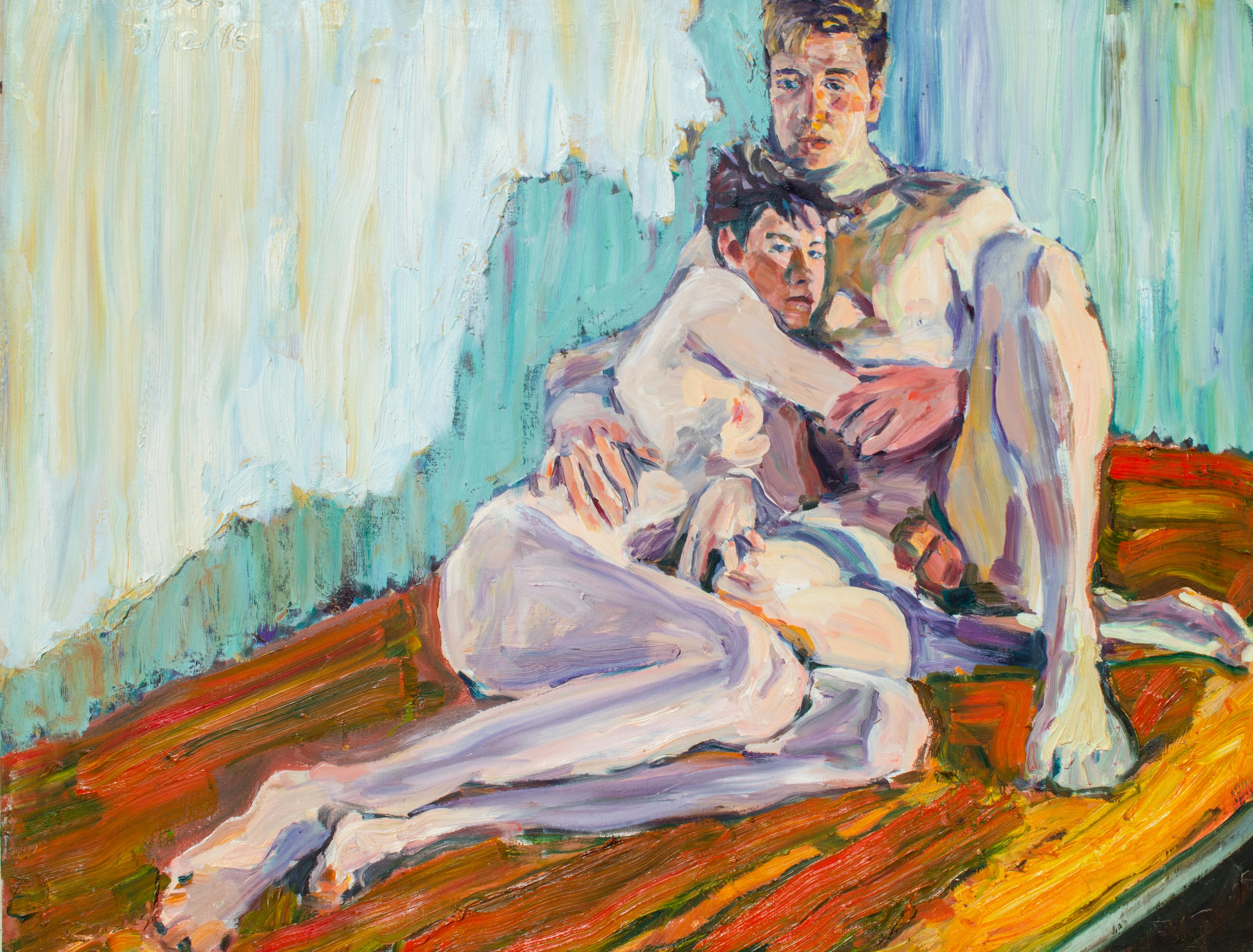 Unknown Portrait Painting – 1986 Intimate Couple Portrait des Mystery Artist
