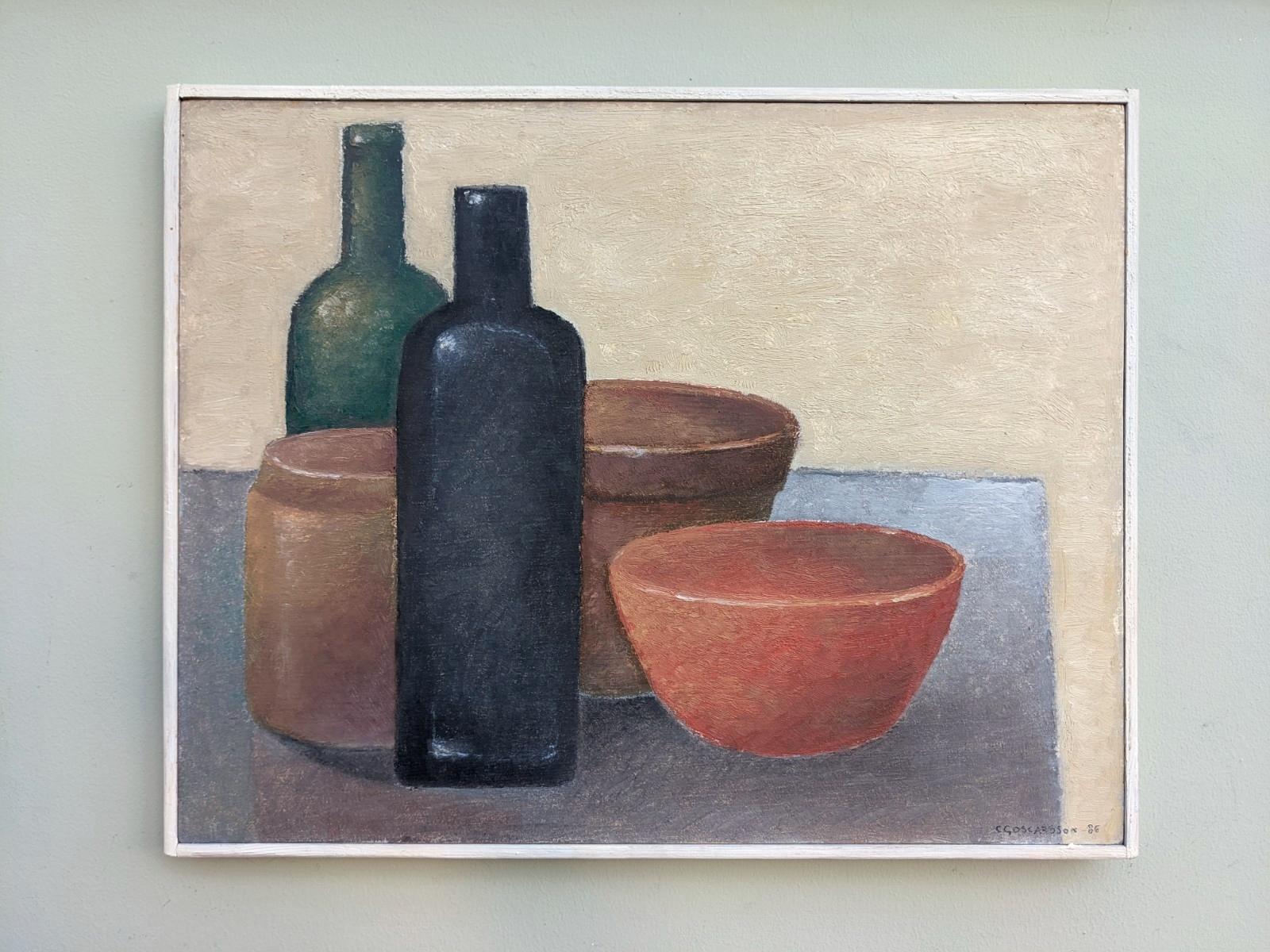 1986 Modernist Still Life Swedish Oil Painting - Bowls & Bottles - Brown Still-Life Painting by Unknown