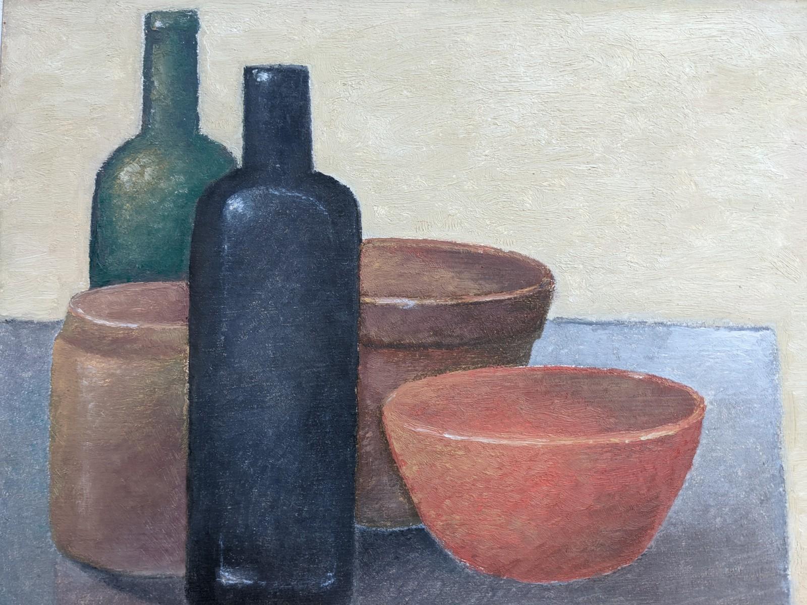 BOWLS & BOTTLES
Size: 34 x 43 cm (including frame)
Oil on Board

A seemingly simple yet very effective still life in oil, painted onto board and dated 1986.

This well-balanced still life is one that is very satisfying to look at. Two bottles and