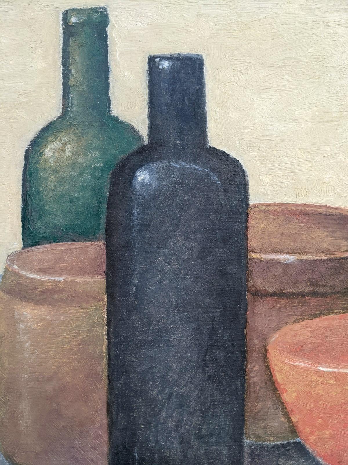 1986 Modernist Still Life Swedish Oil Painting - Bowls & Bottles 1