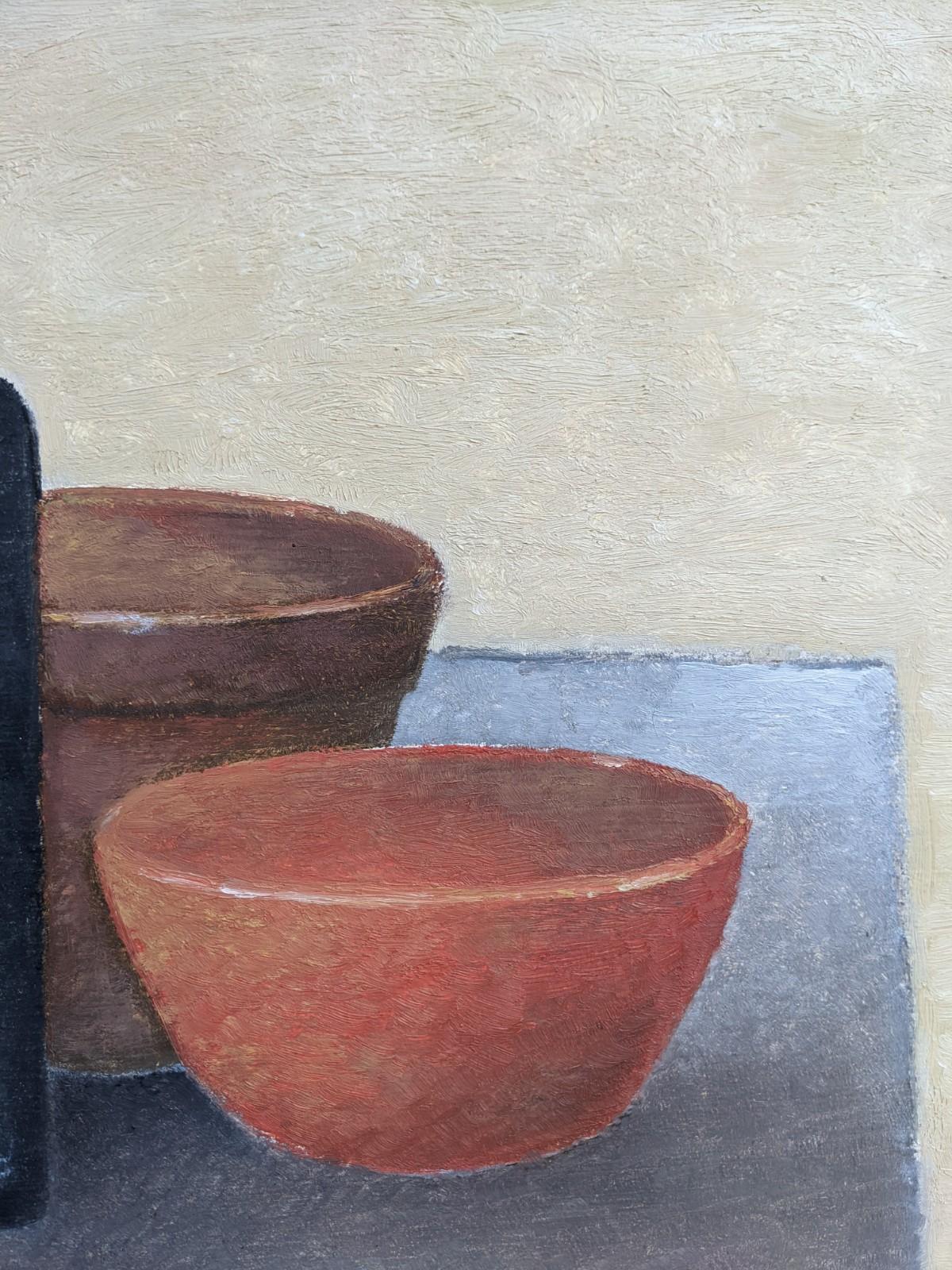 1986 Modernist Still Life Swedish Oil Painting - Bowls & Bottles 2