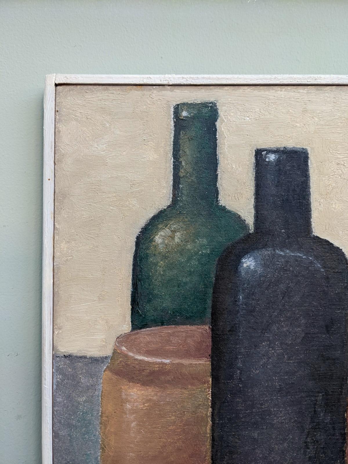 1986 Modernist Still Life Swedish Oil Painting - Bowls & Bottles 3