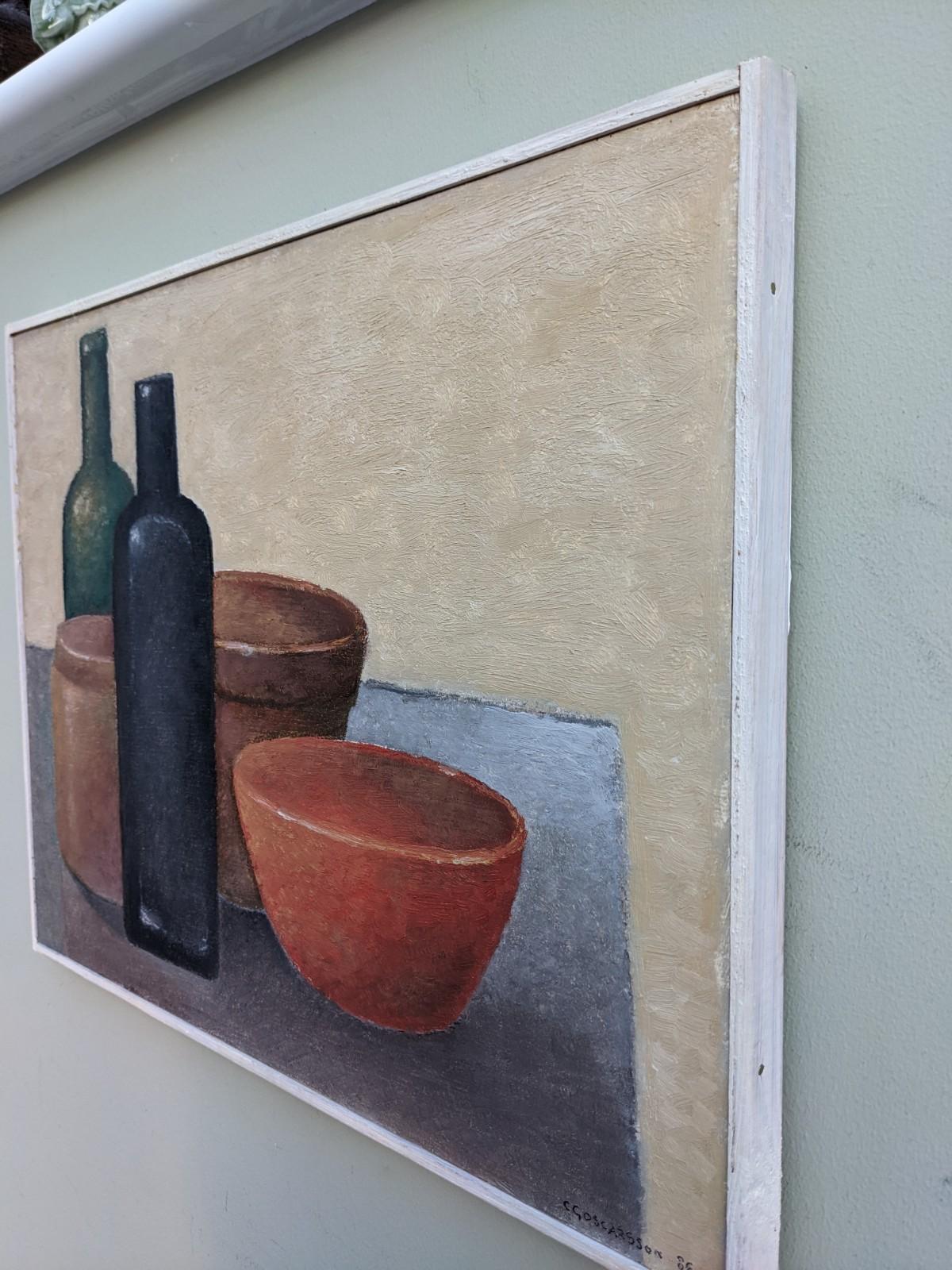 1986 Modernist Still Life Swedish Oil Painting - Bowls & Bottles 4