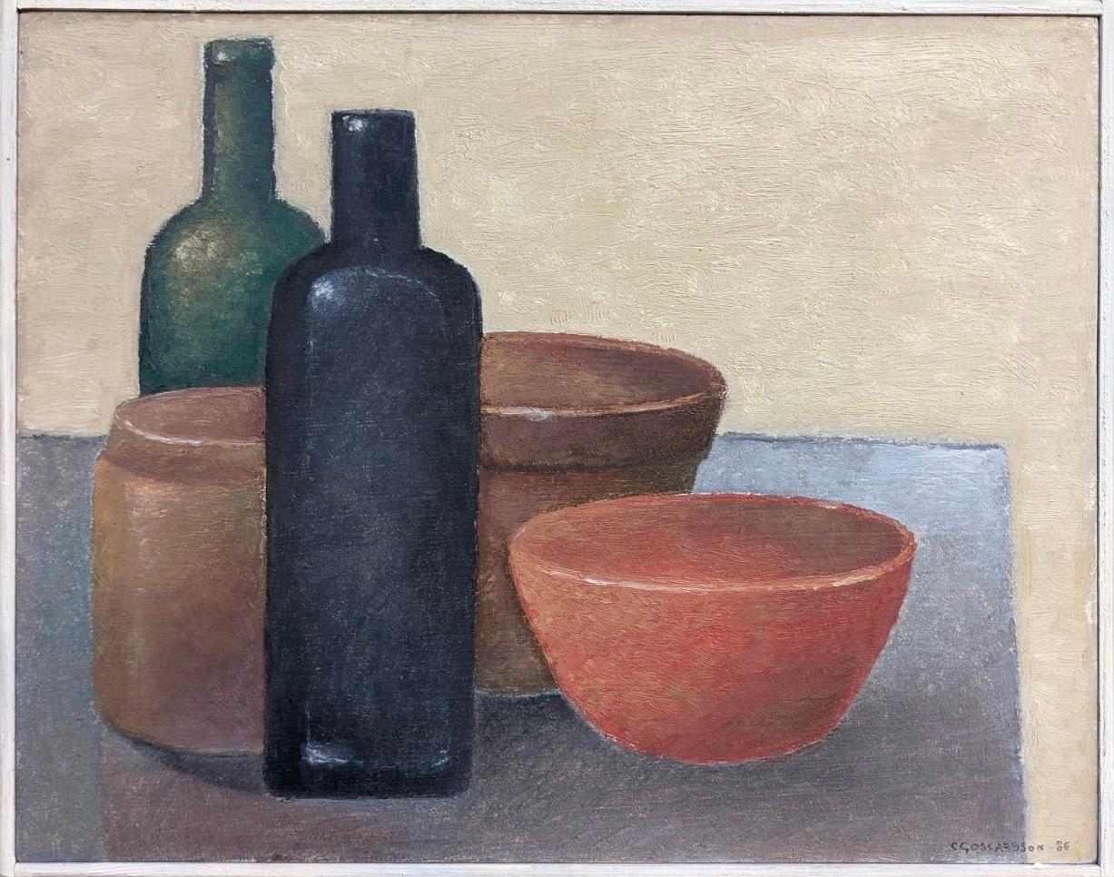 Unknown Still-Life Painting - 1986 Modernist Still Life Swedish Oil Painting - Bowls & Bottles