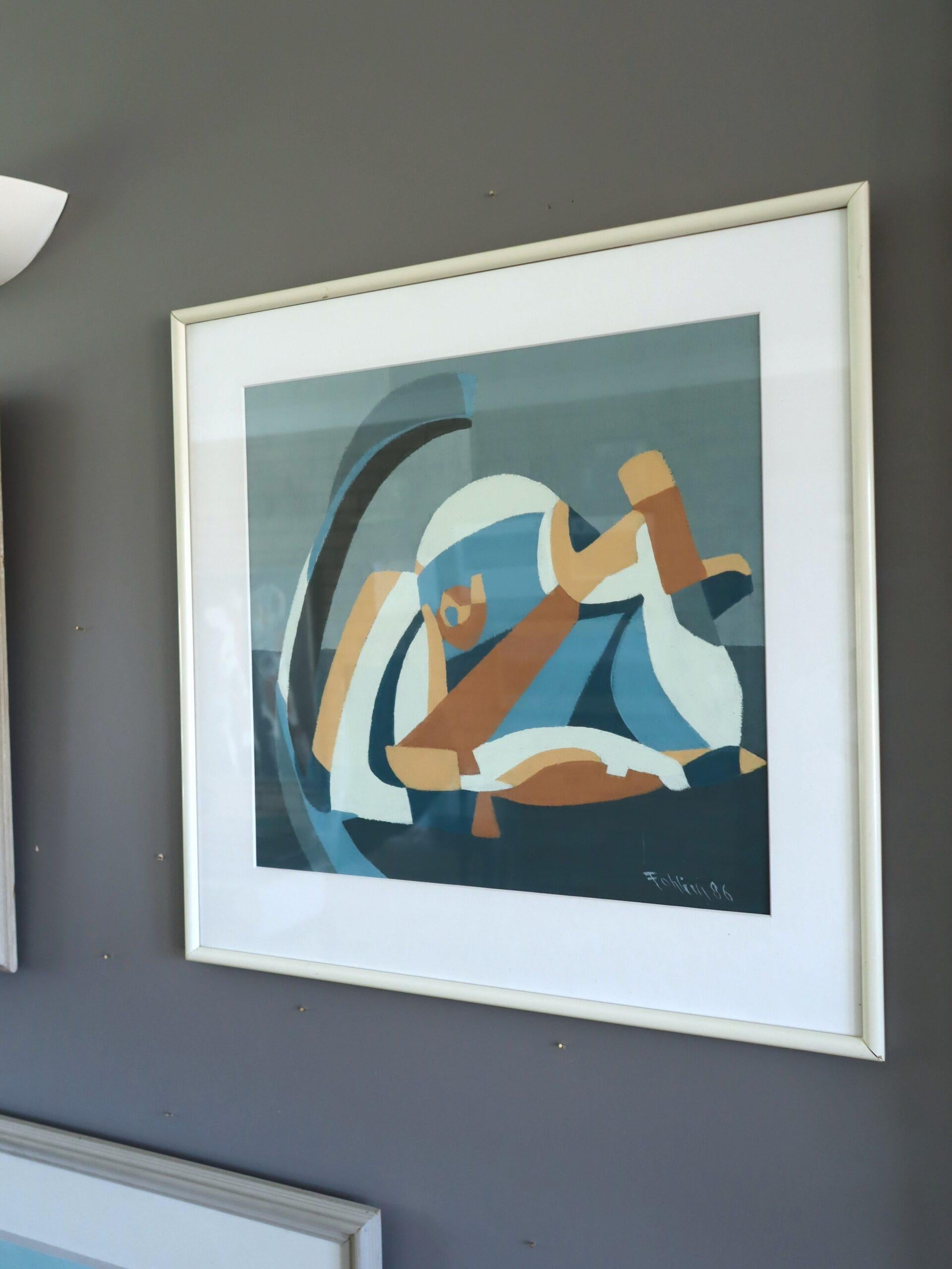 1986 Modernistisches Vintage Swedush Abstraktes geometrisches Ölgemälde - Ineinandergreifendes Ölgemälde – Painting von Unknown