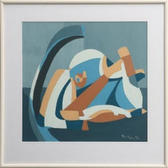 1986 Modernist Vintage Swedush Abstract Geometric Oil Painting - Interlocked