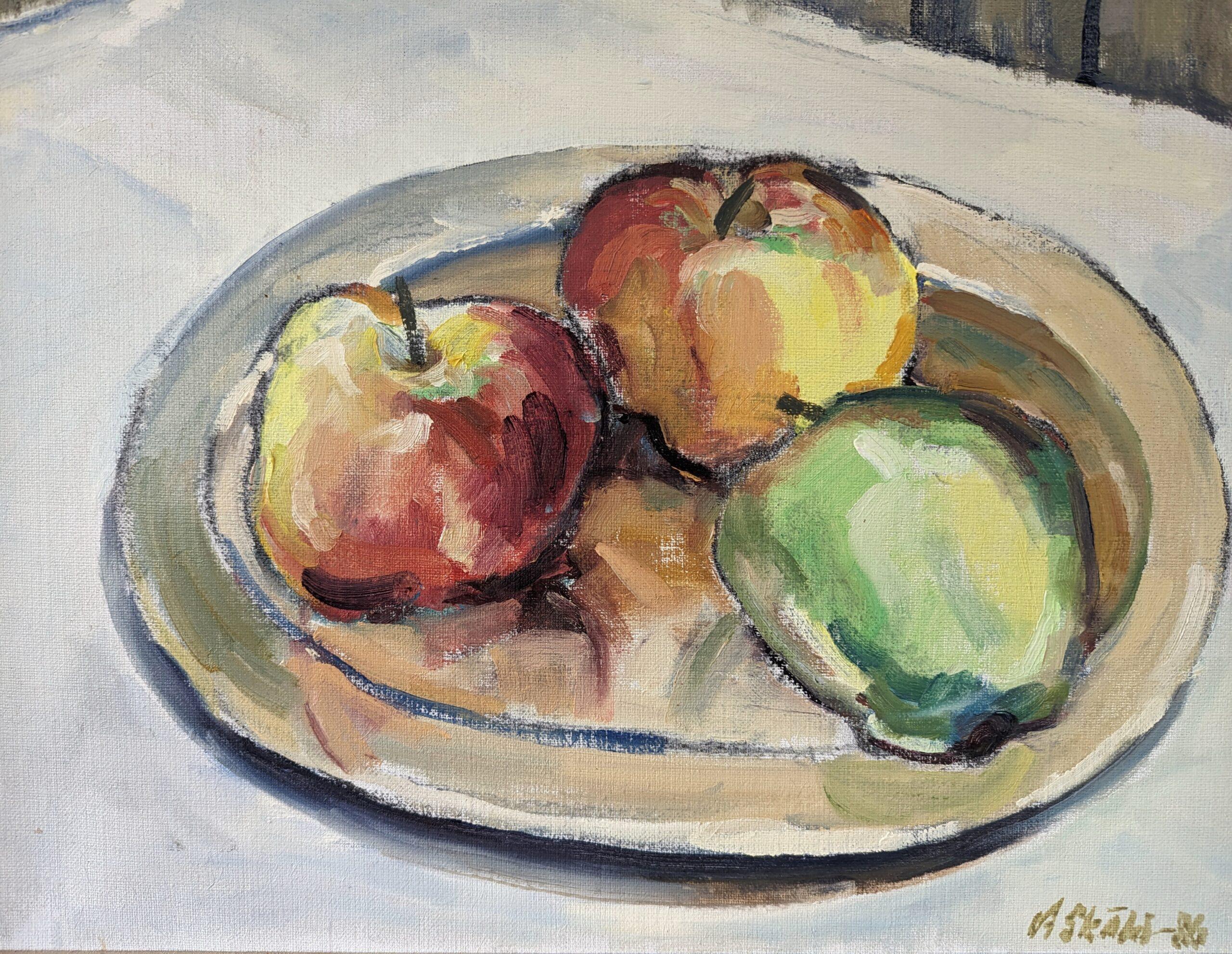 1986 Vintage Modern Still Life Oil Painting - Orchard Apples For Sale 8