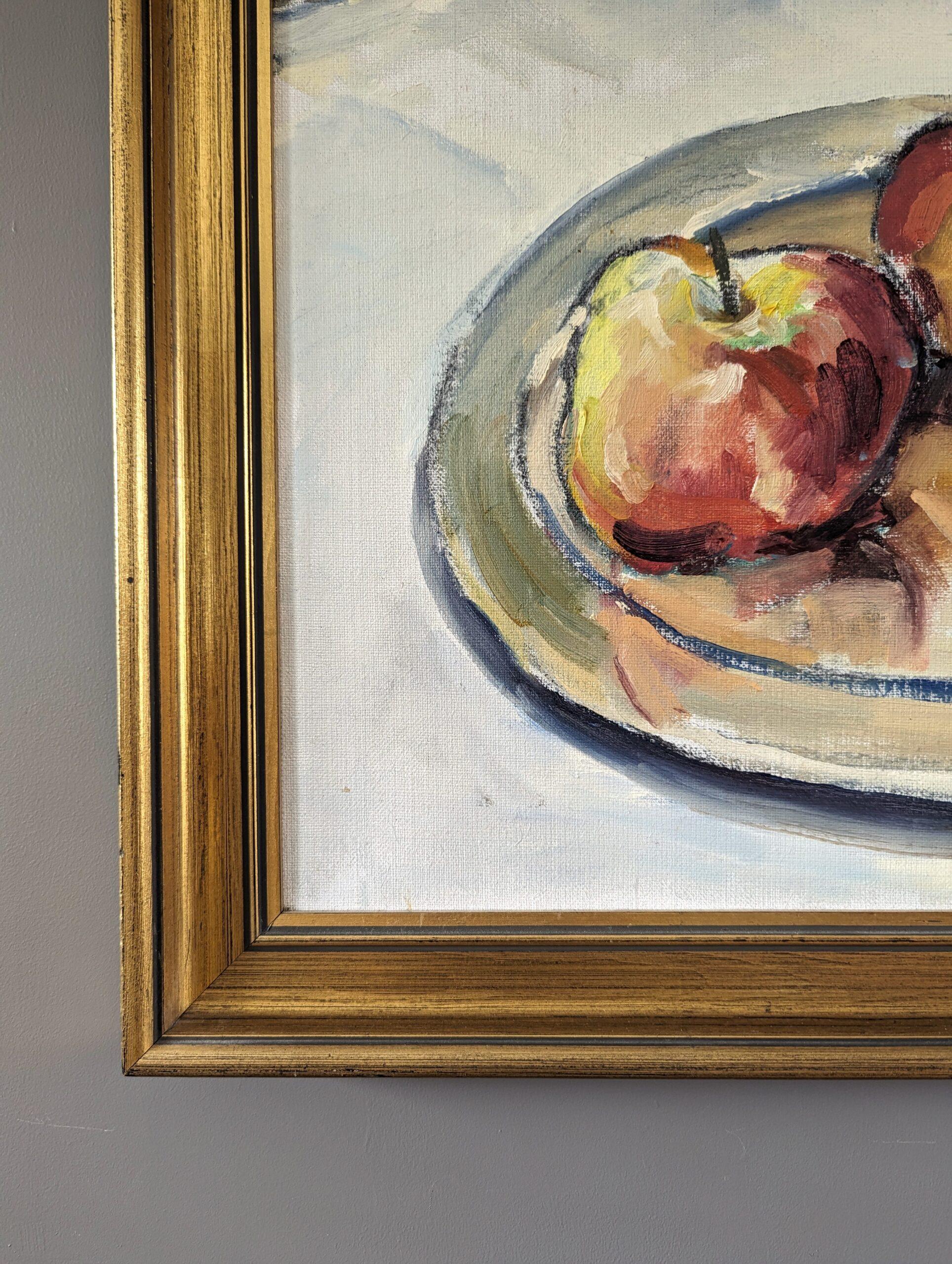1986 Vintage Modern Still Life Oil Painting - Orchard Apples For Sale 5