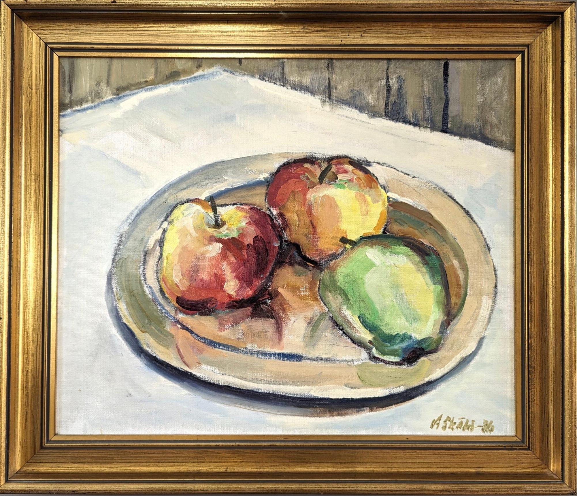 Unknown Still-Life Painting - 1986 Vintage Modern Still Life Oil Painting - Orchard Apples