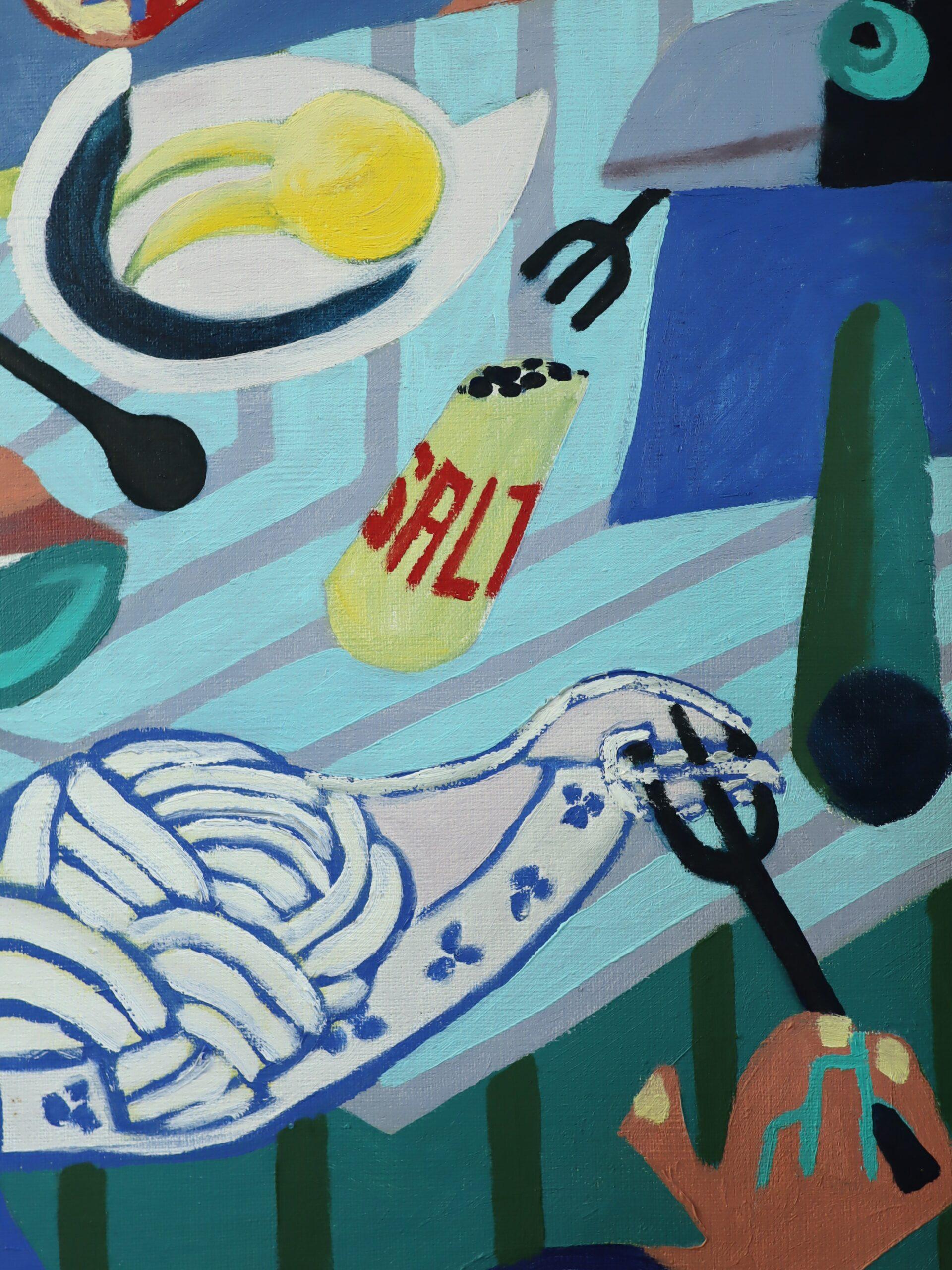 1986 Vintage Modernist Cubist Abstrakte Figurative Ölgemälde - Cubist Picknick im Angebot 5