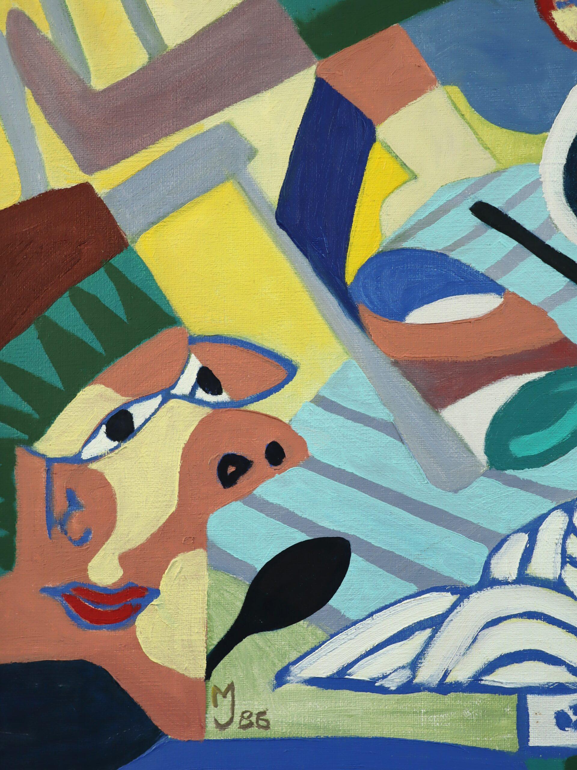 1986 Vintage Modernist Cubist Abstrakte Figurative Ölgemälde - Cubist Picknick im Angebot 6