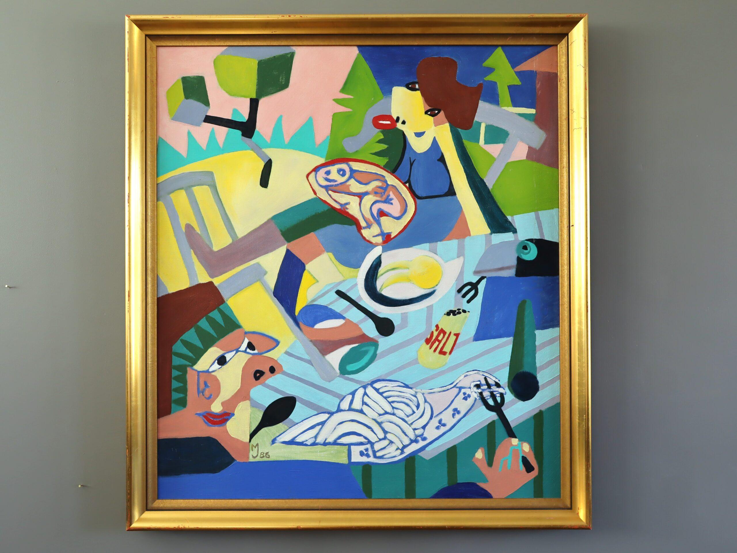 1986 Vintage Modernist Cubist Abstrakte Figurative Ölgemälde - Cubist Picknick – Painting von Unknown