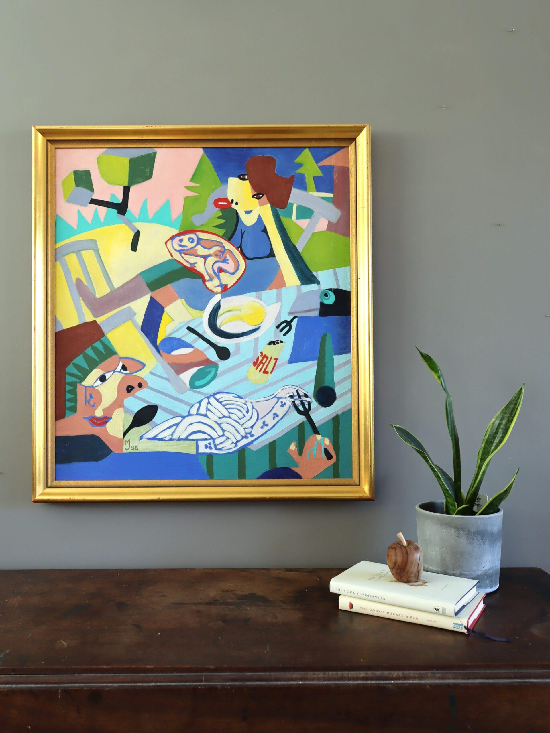 1986 Vintage Modernist Cubist Abstrakte Figurative Ölgemälde - Cubist Picknick (Moderne), Painting, von Unknown
