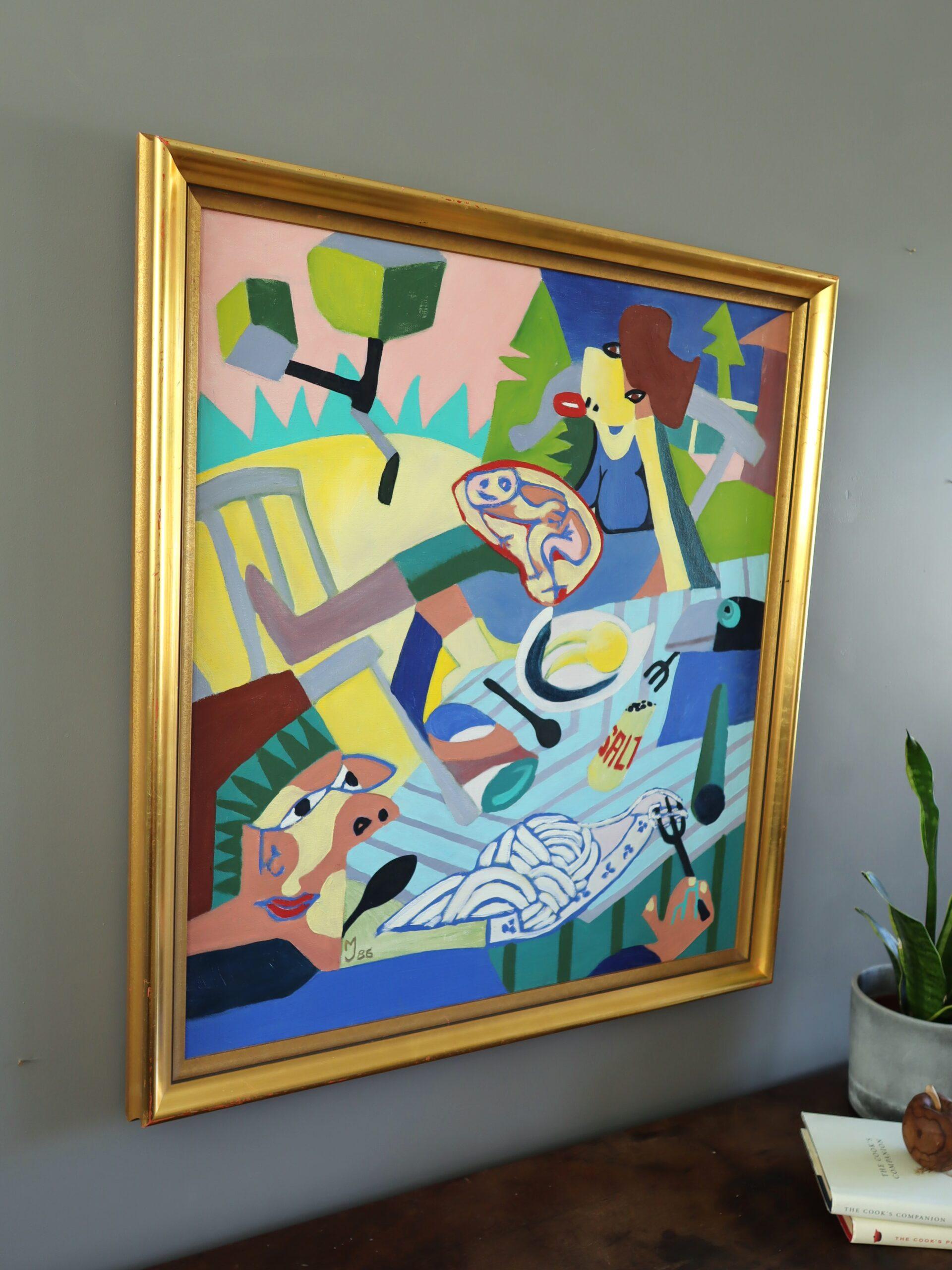 1986 Vintage Modernist Cubist Abstrakte Figurative Ölgemälde - Cubist Picknick (Beige), Figurative Painting, von Unknown