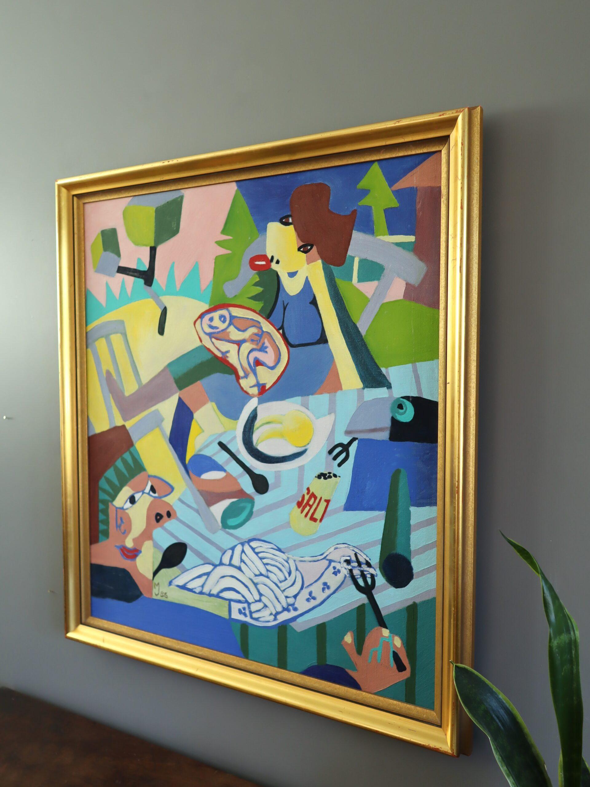 CUBIST PICNIC
Größe: 71 x 64,5 cm (einschließlich Rahmen)
Öl auf Leinwand

Ein auffallendes Gemälde, das eine lebhafte Essensszene im Freien darstellt, die durch eine spielerische kubistische Linse interpretiert wird. Es wurde in Öl auf Leinwand