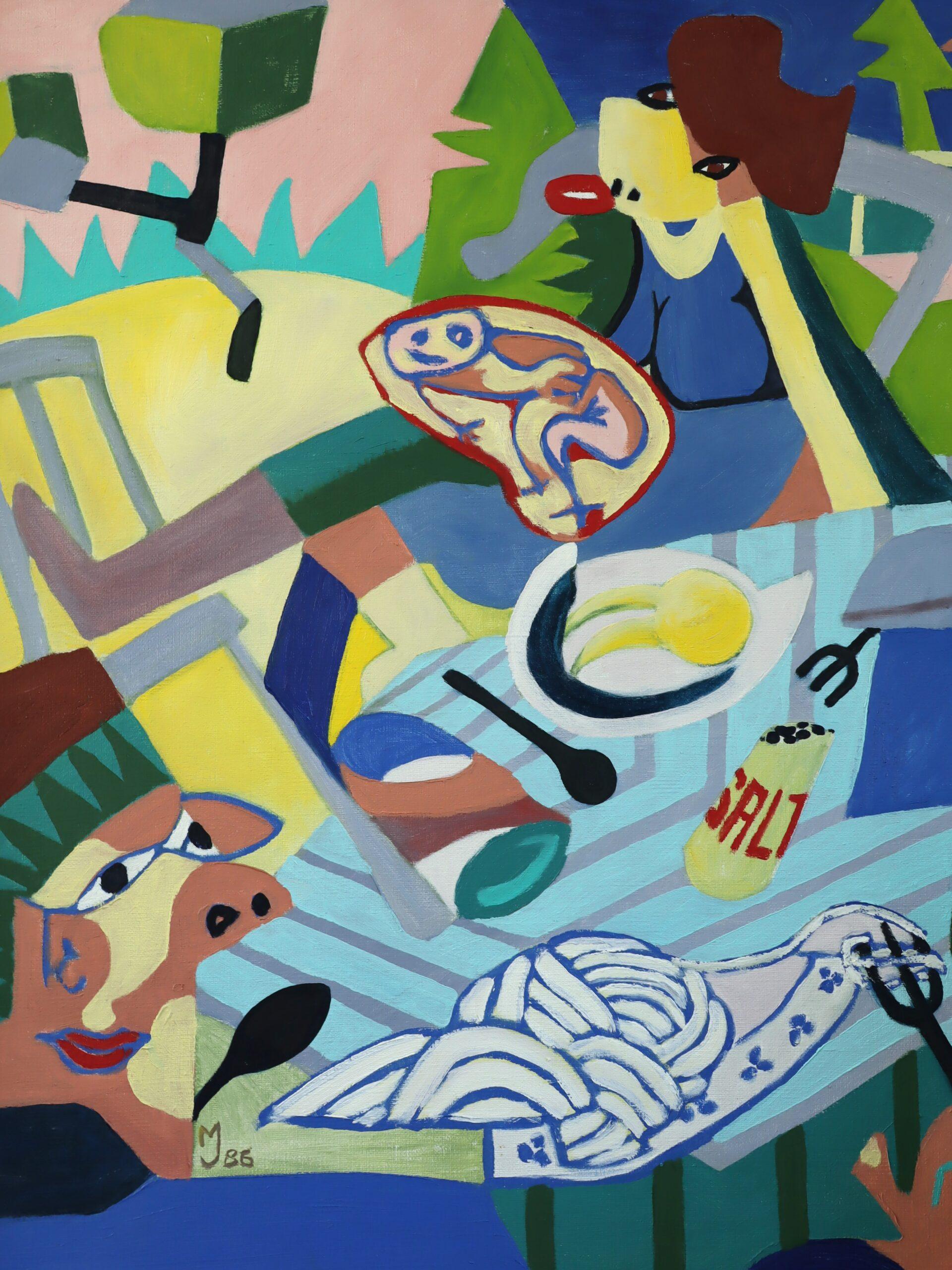 1986 Vintage Modernist Cubist Abstrakte Figurative Ölgemälde - Cubist Picknick im Angebot 3