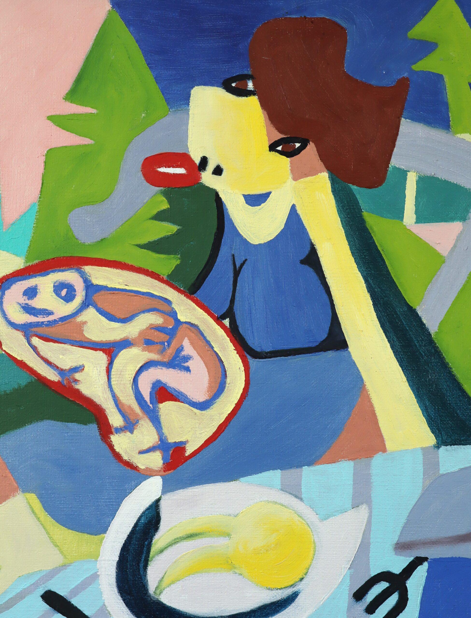 1986 Vintage Modernist Cubist Abstrakte Figurative Ölgemälde - Cubist Picknick im Angebot 4